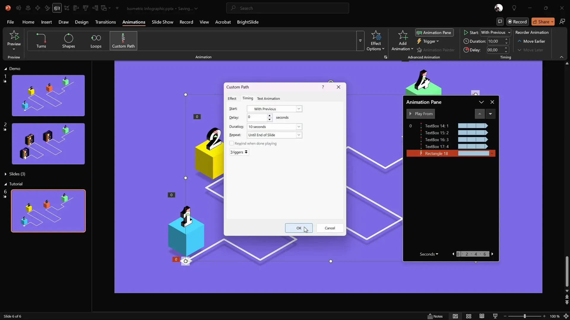 Animation options for the custom motion path of the square
