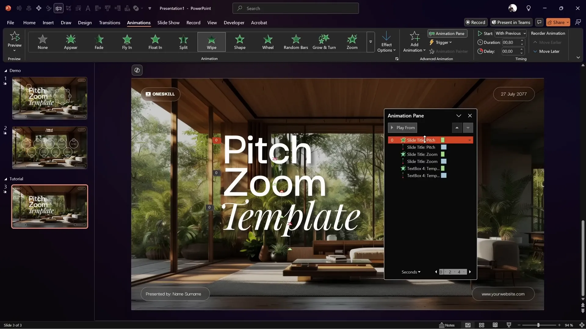 Animation pane showing wipe and motion path animations for title text
