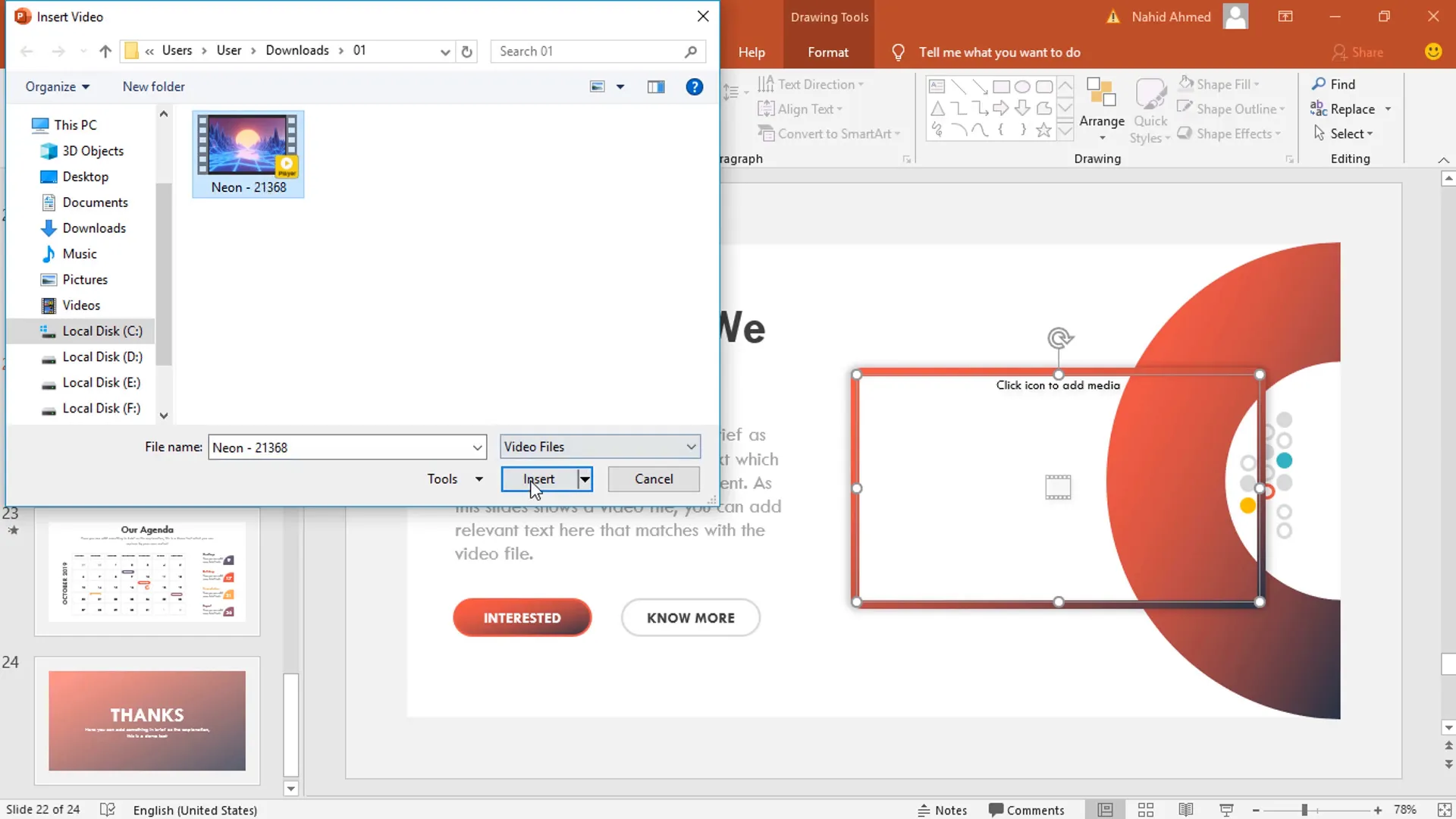 Inserting video file into PowerPoint media placeholder