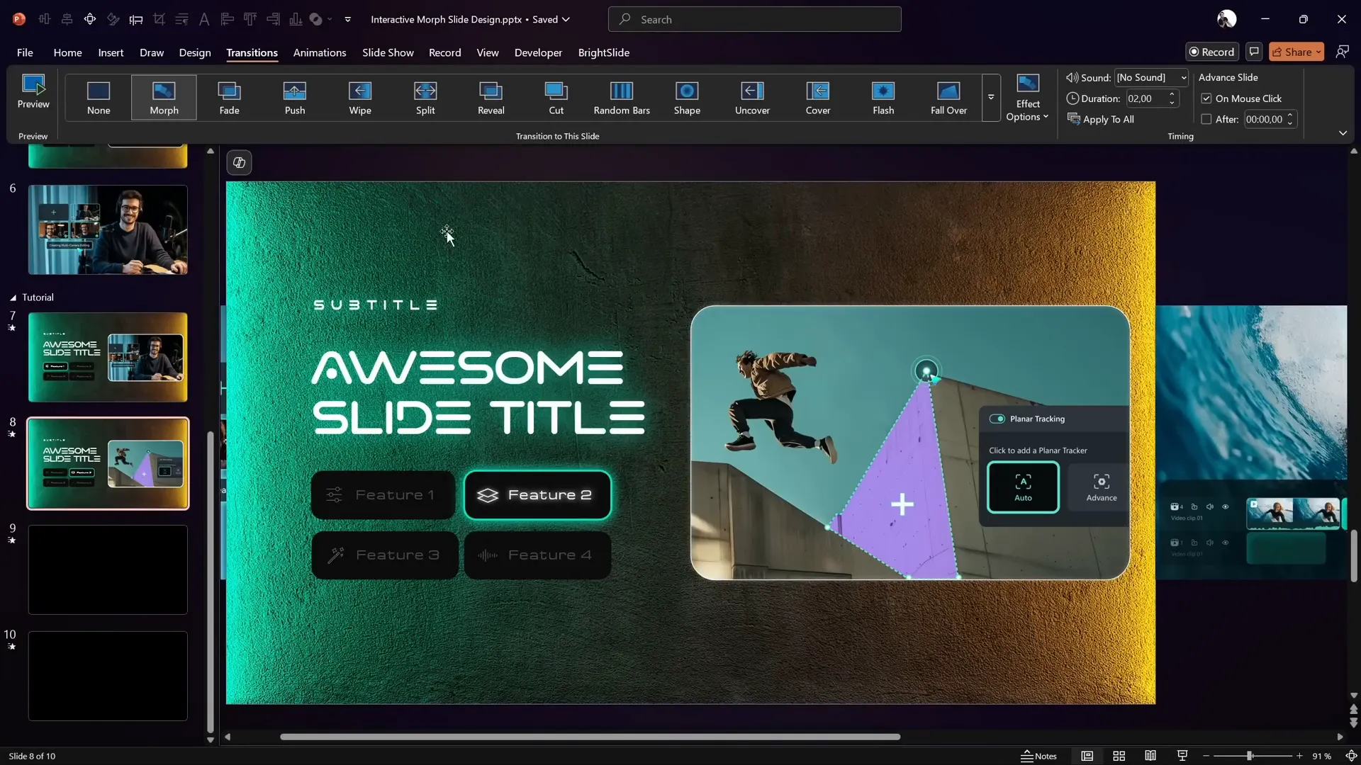 Interactive morph transition showing button activation and scrolling photos