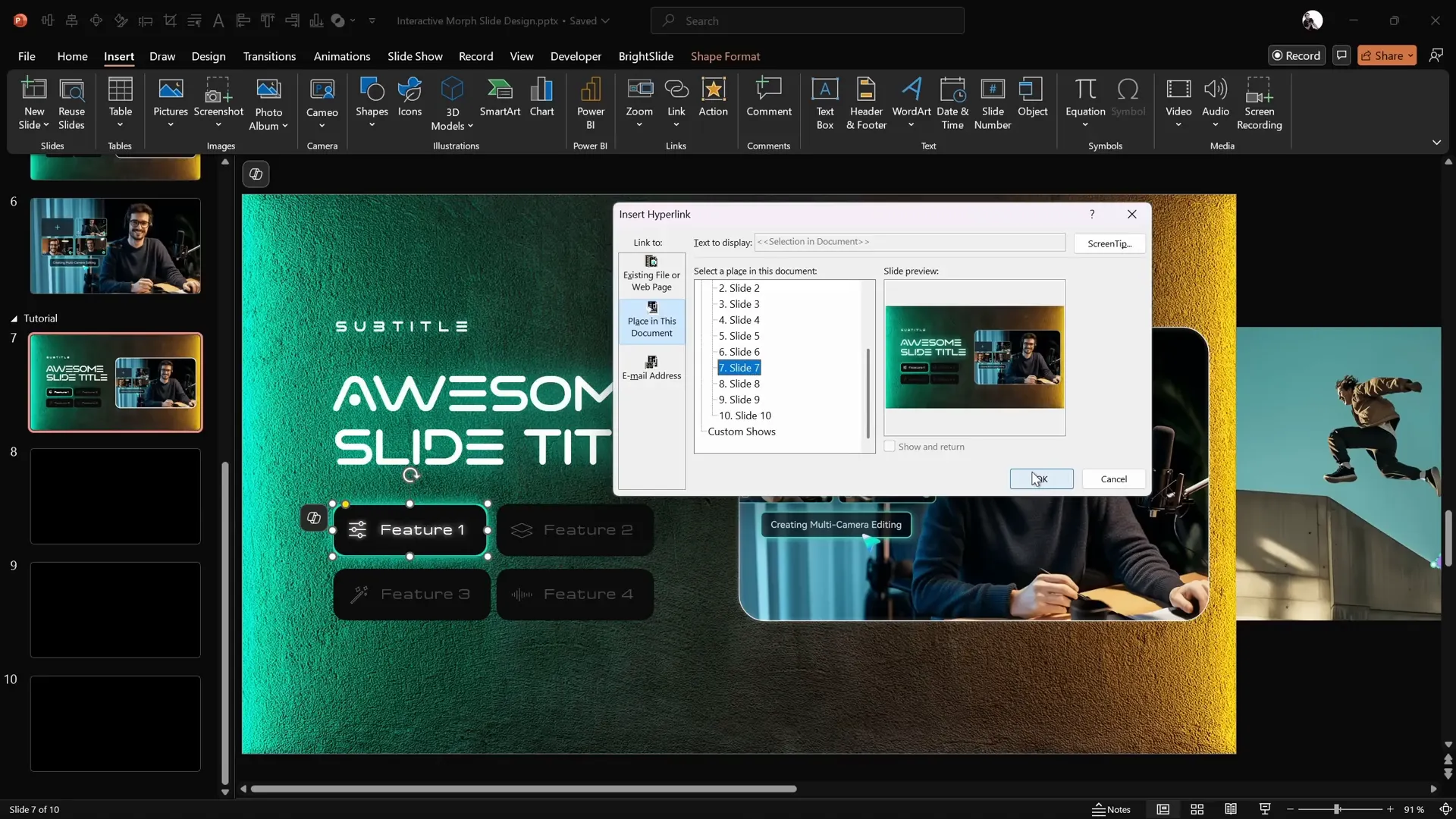 Hyperlink window in PowerPoint linking a button to a specific slide