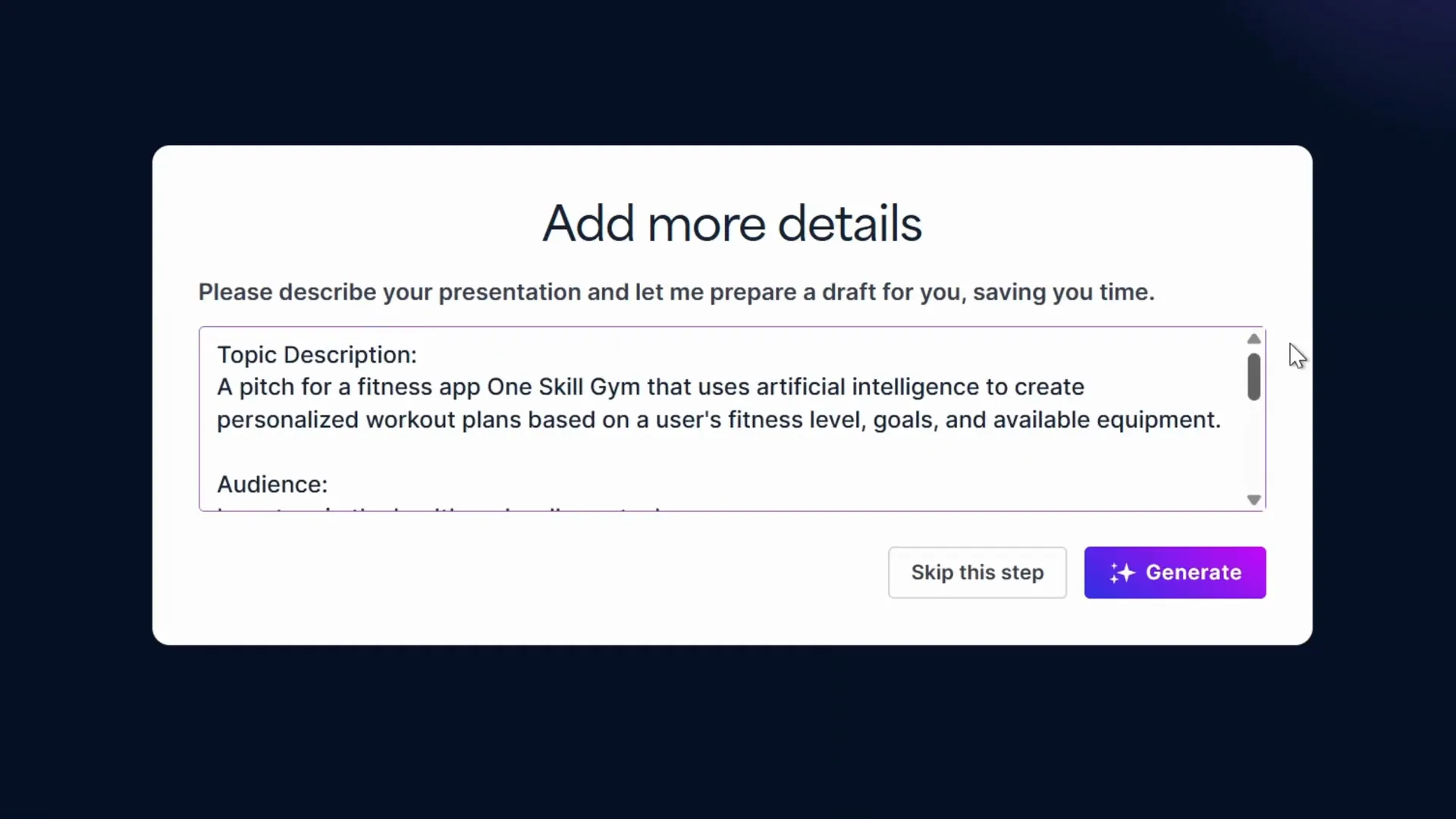 Inputting presentation details into Prezi AI