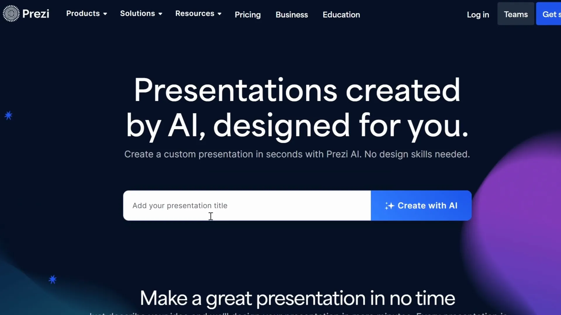 Prezi AI homepage with presentation title input
