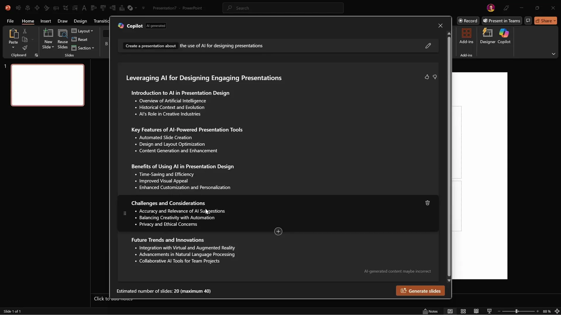 Presentation outline generated by Copilot