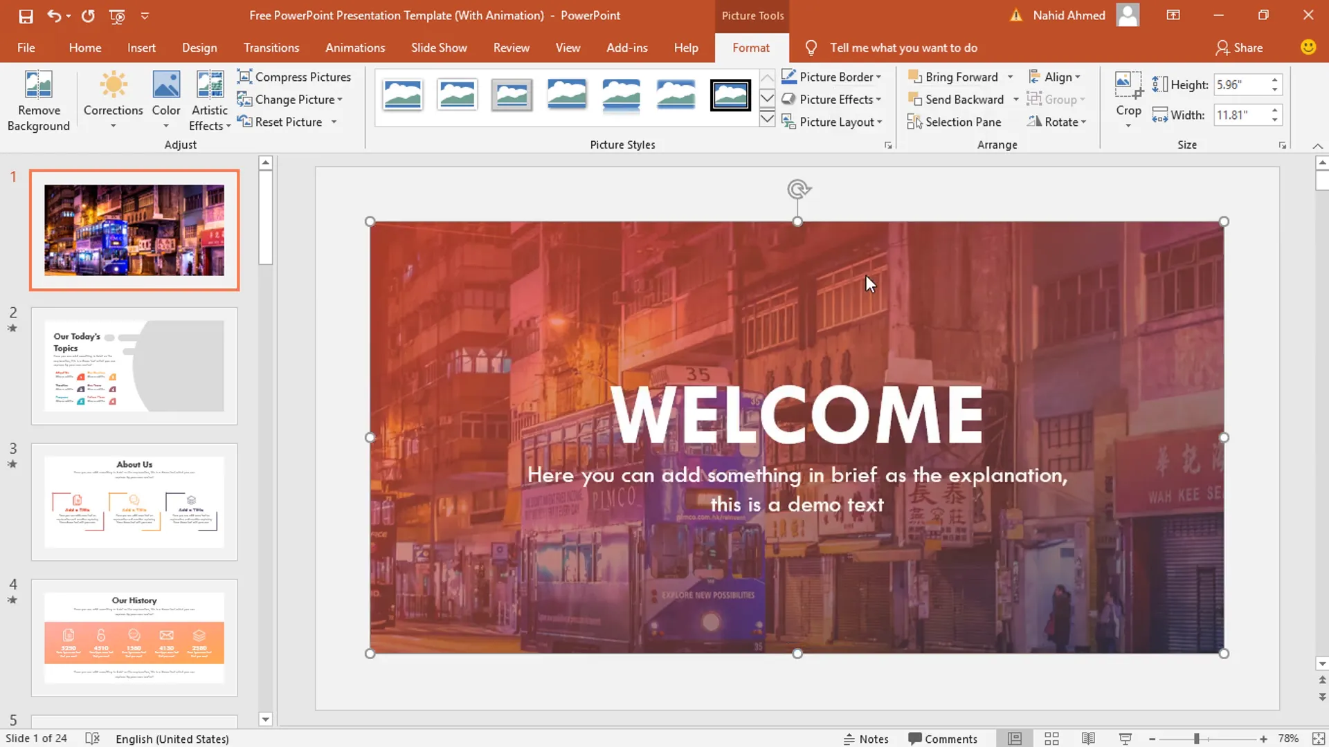 Image inserted and sent to back on the first slide