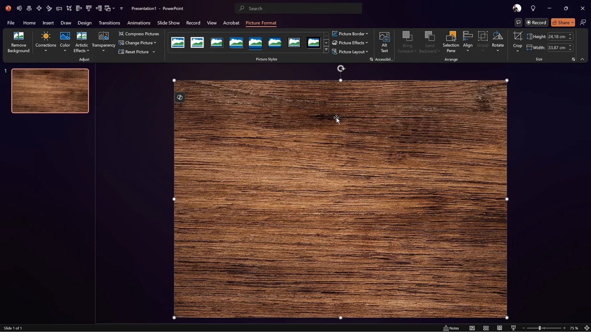 Wooden texture background inserted and adjusted in PowerPoint