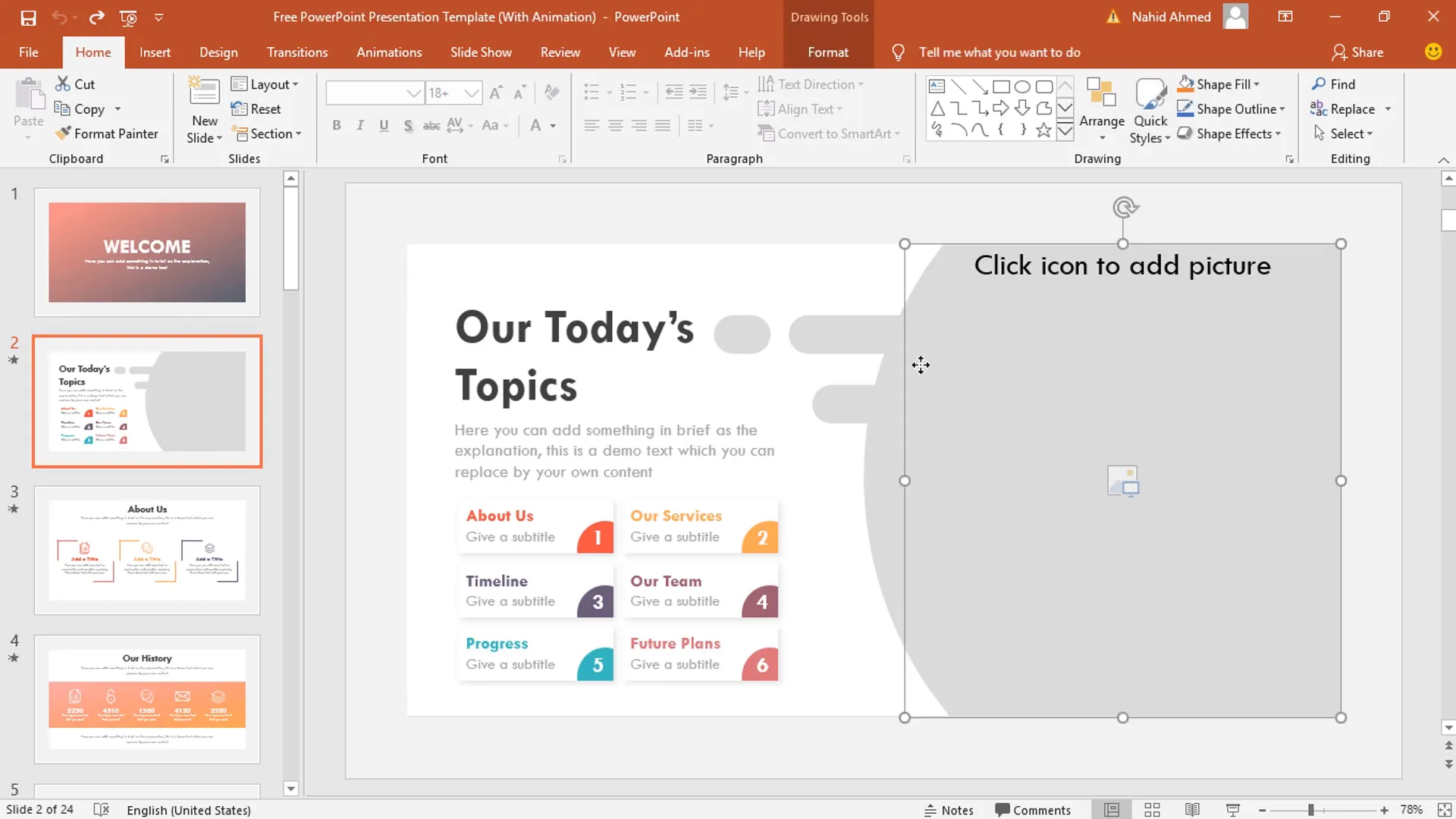 PowerPoint template opened with image placeholders instead of demo pictures