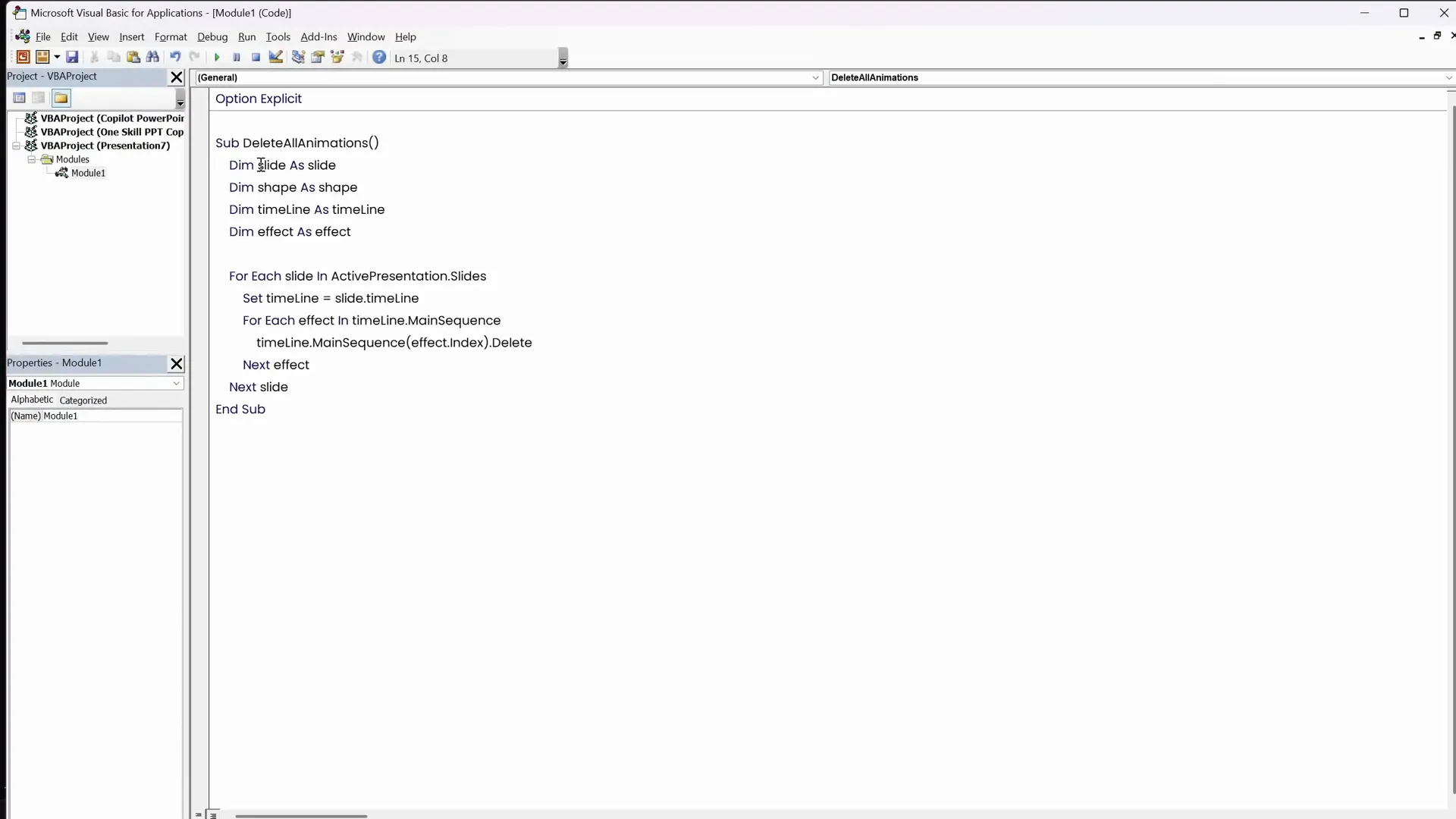 VBA code editor with Copilot generated animation cleanup script