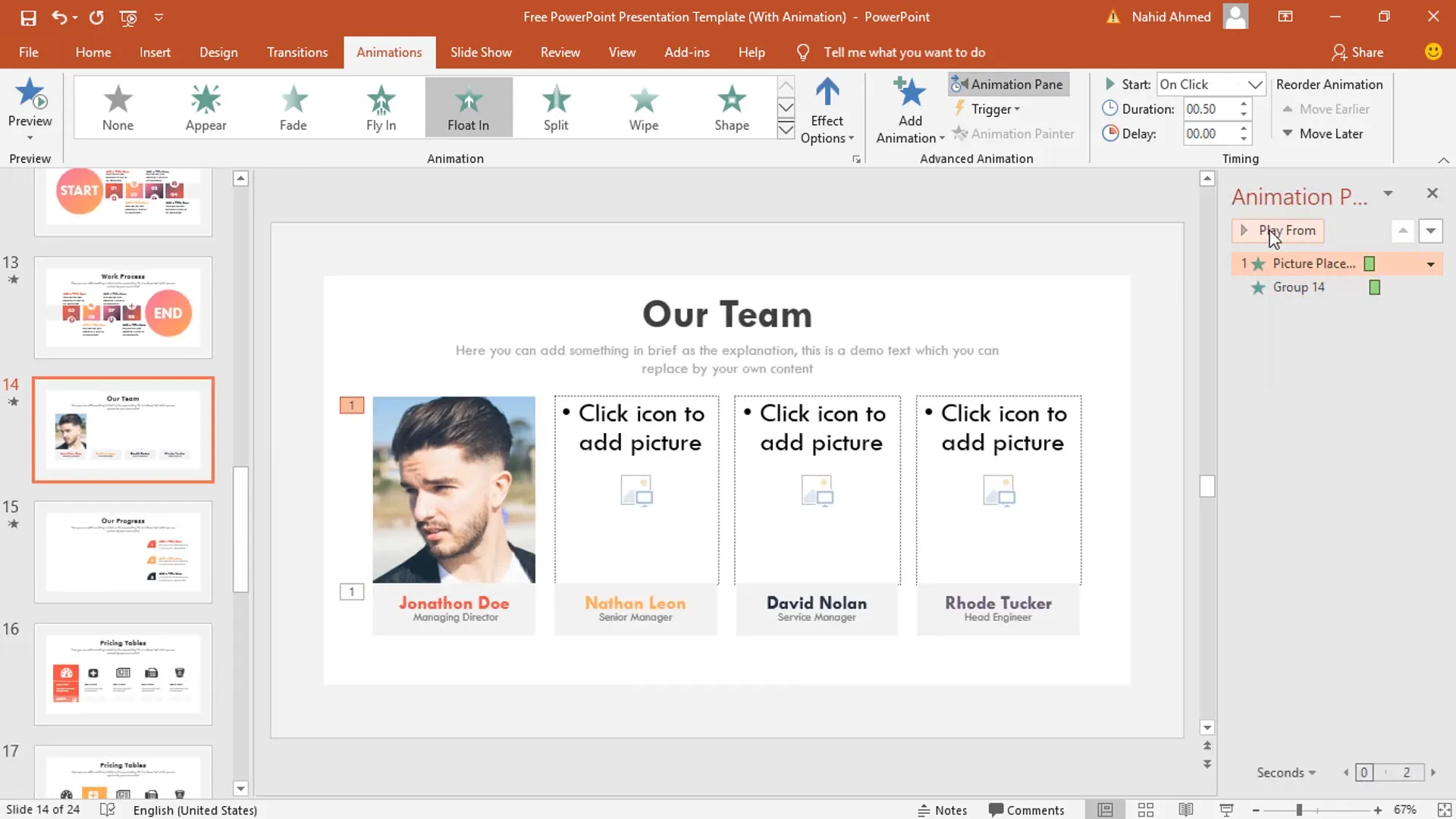 Setting animation timing and delay for team slide objects