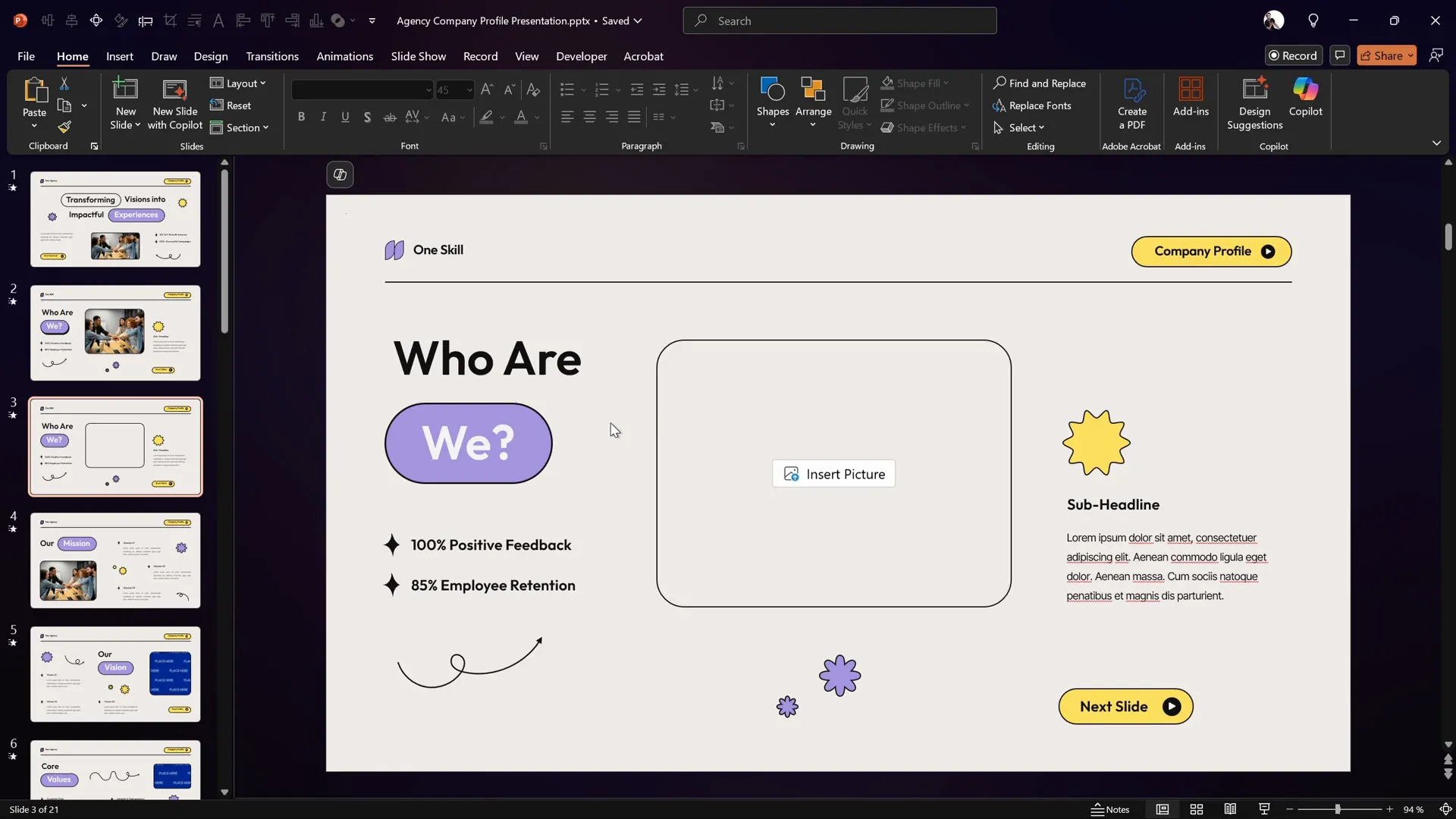 PowerPoint slide with a rounded rectangle button, image placeholder, and stars