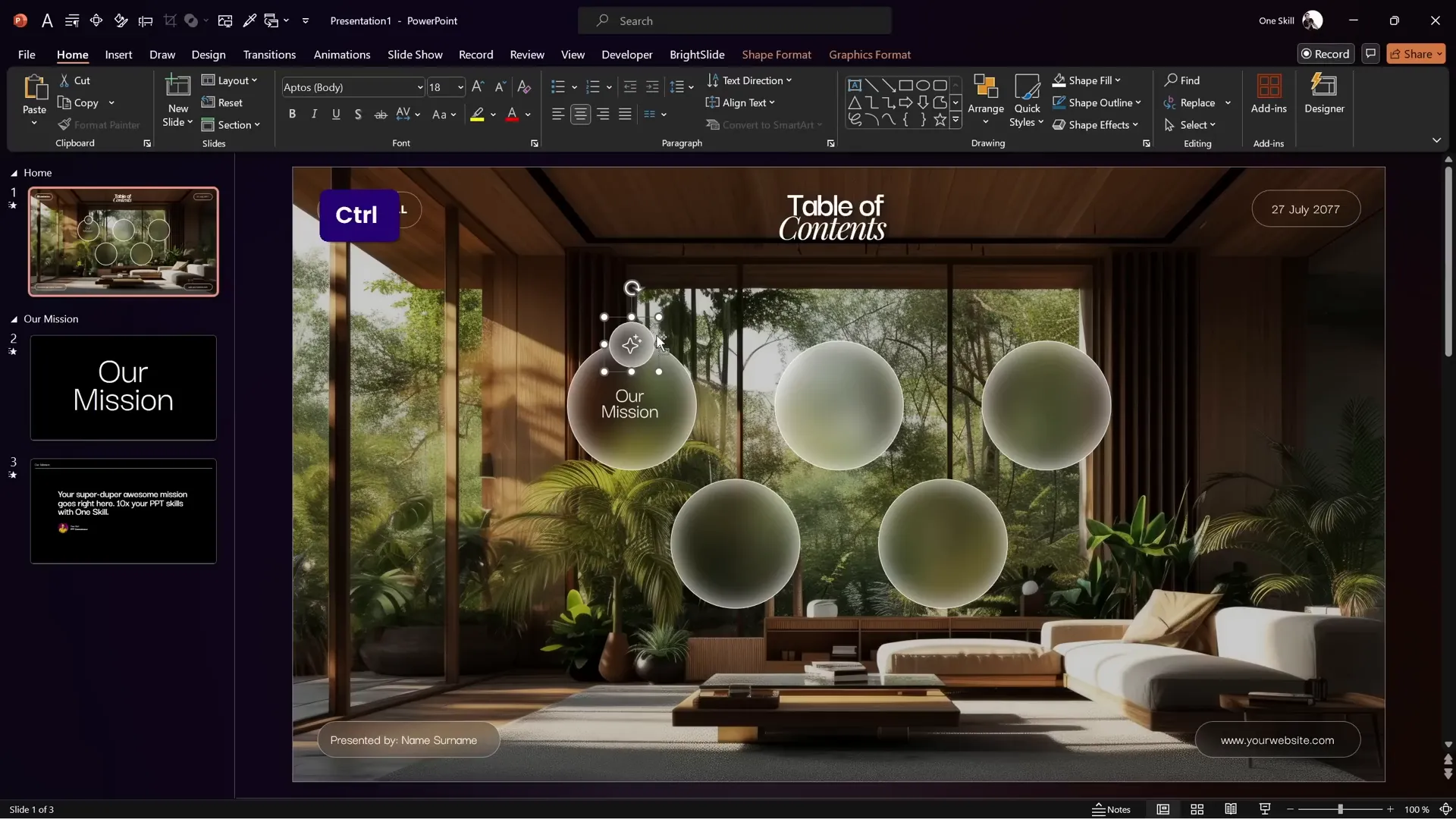 Small circle with sparkling star icon positioned on slide
