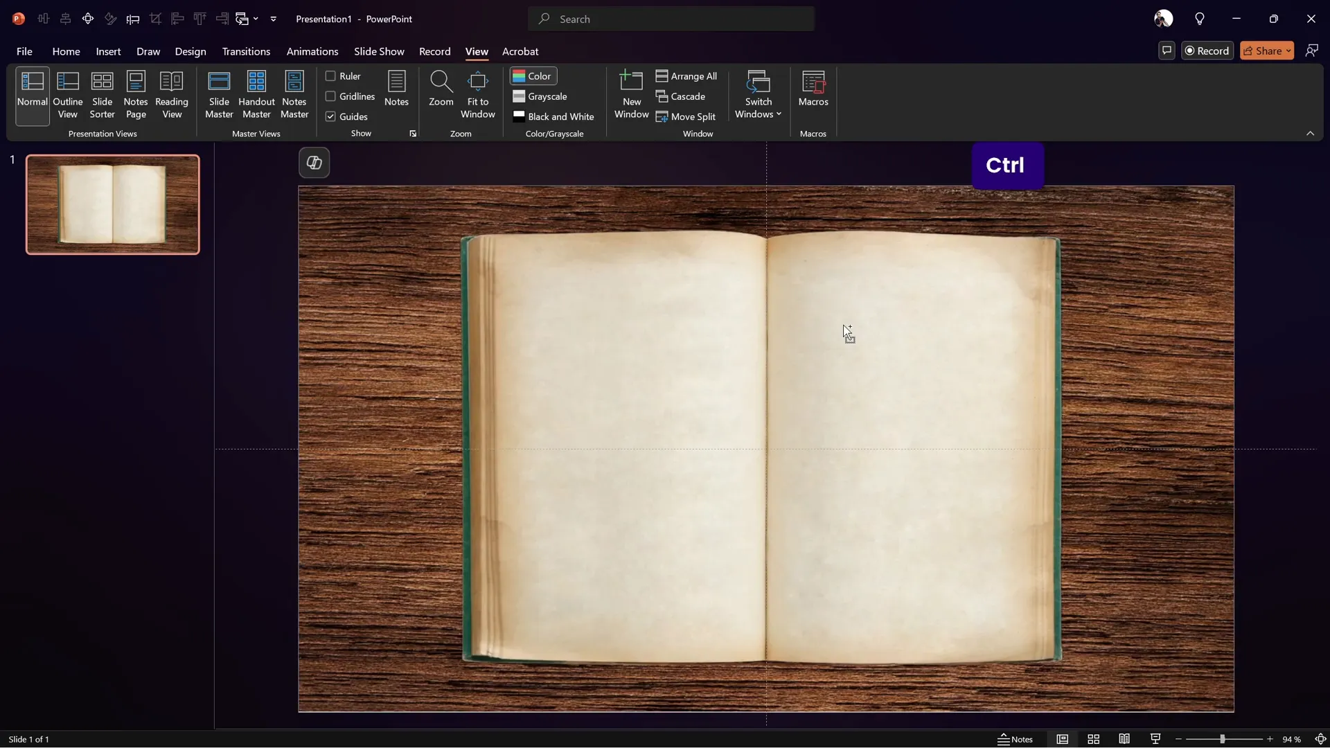 Book image positioned in the center of PowerPoint slide
