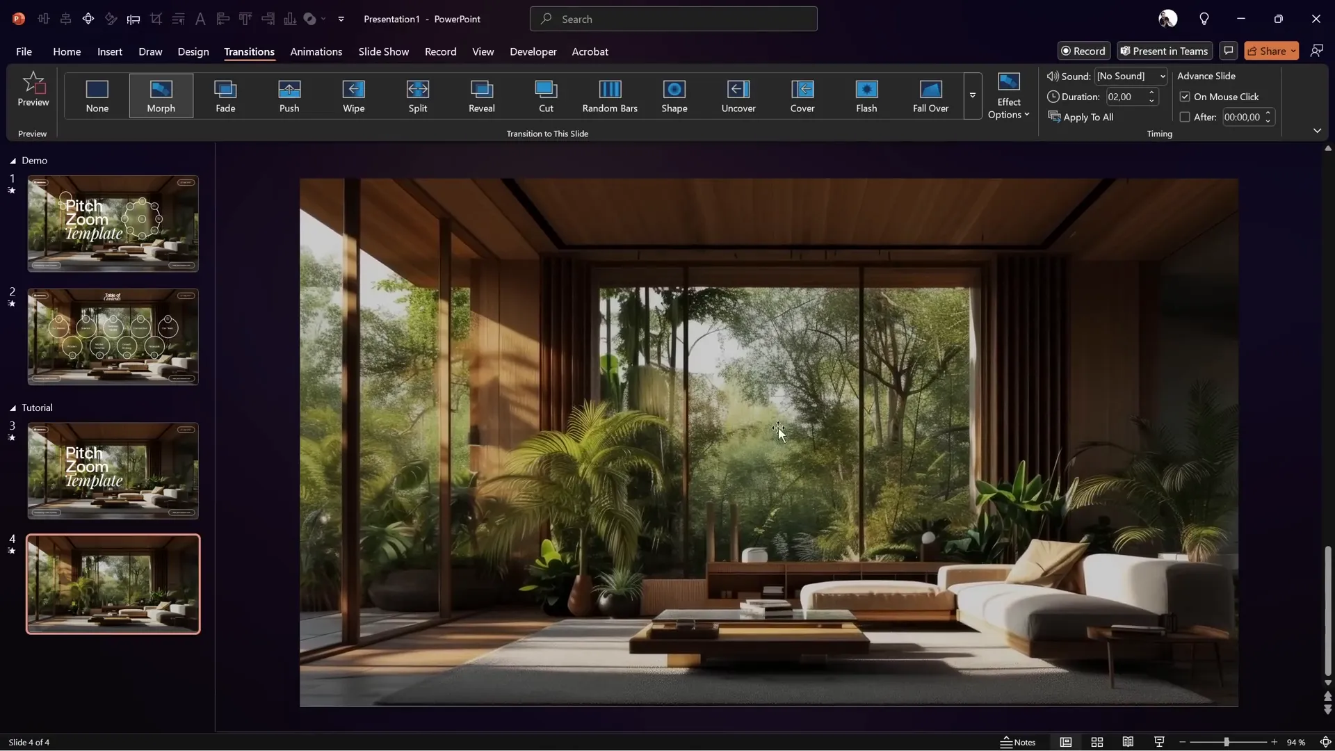 Morph transition settings with zoomed-in background on second slide