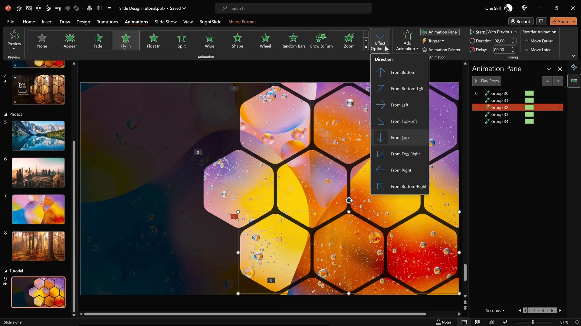 Applying fly-in animations to hexagon groups