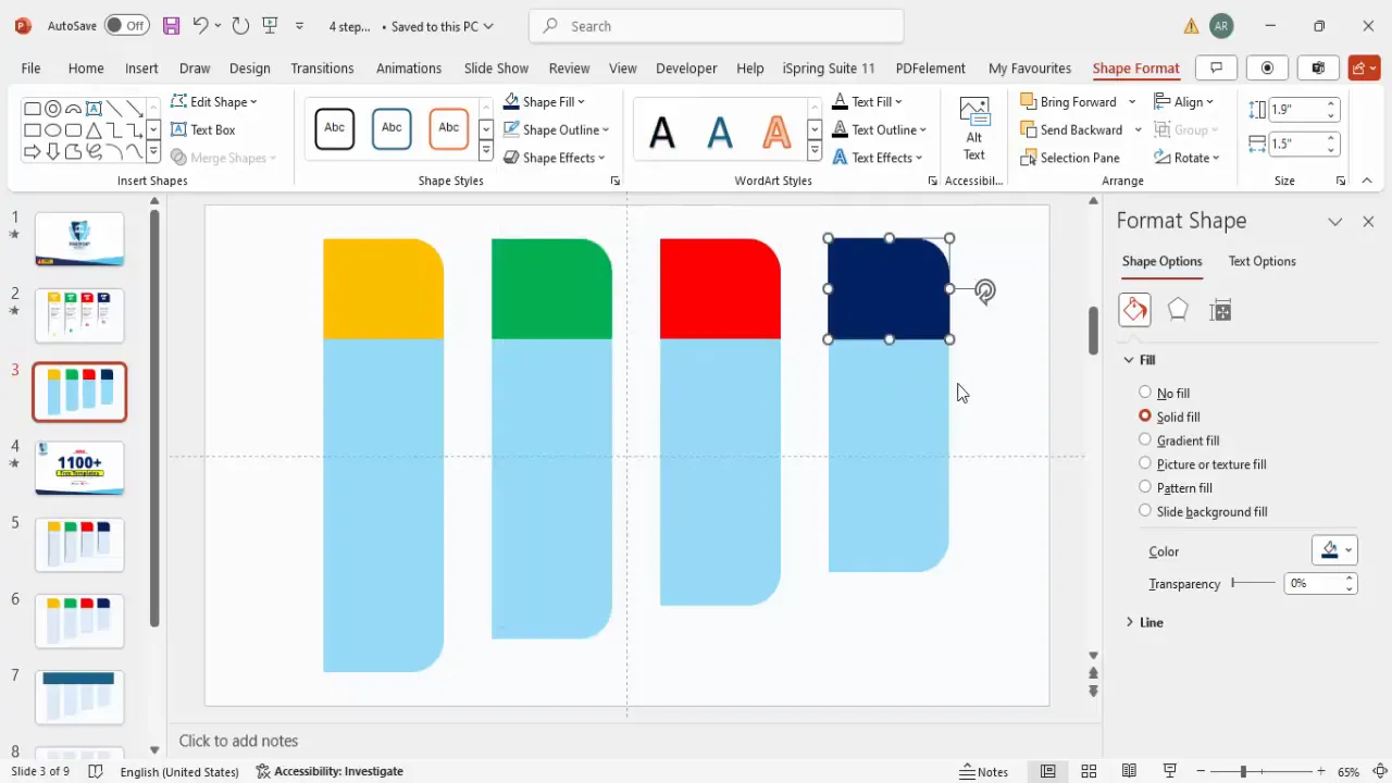 Colored and grouped step shapes in PowerPoint