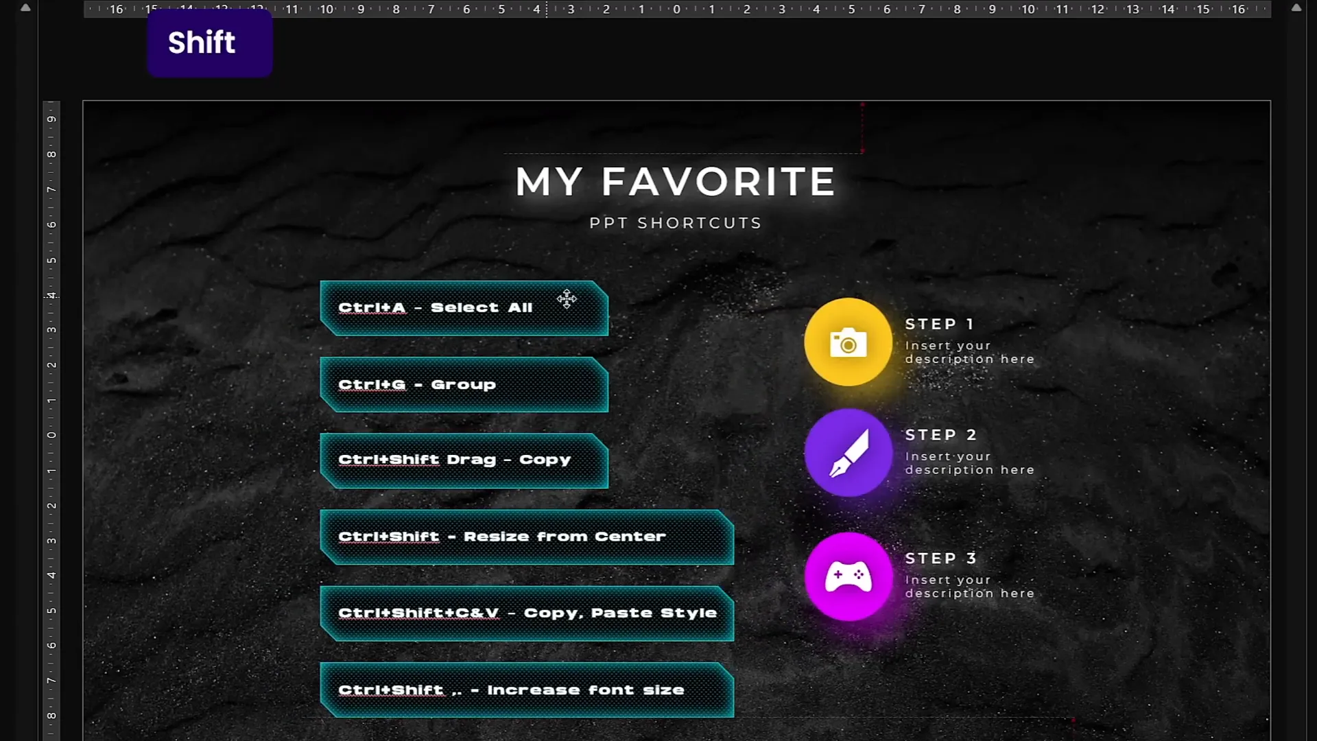 PowerPoint shortcuts for selecting, grouping, duplicating, and formatting