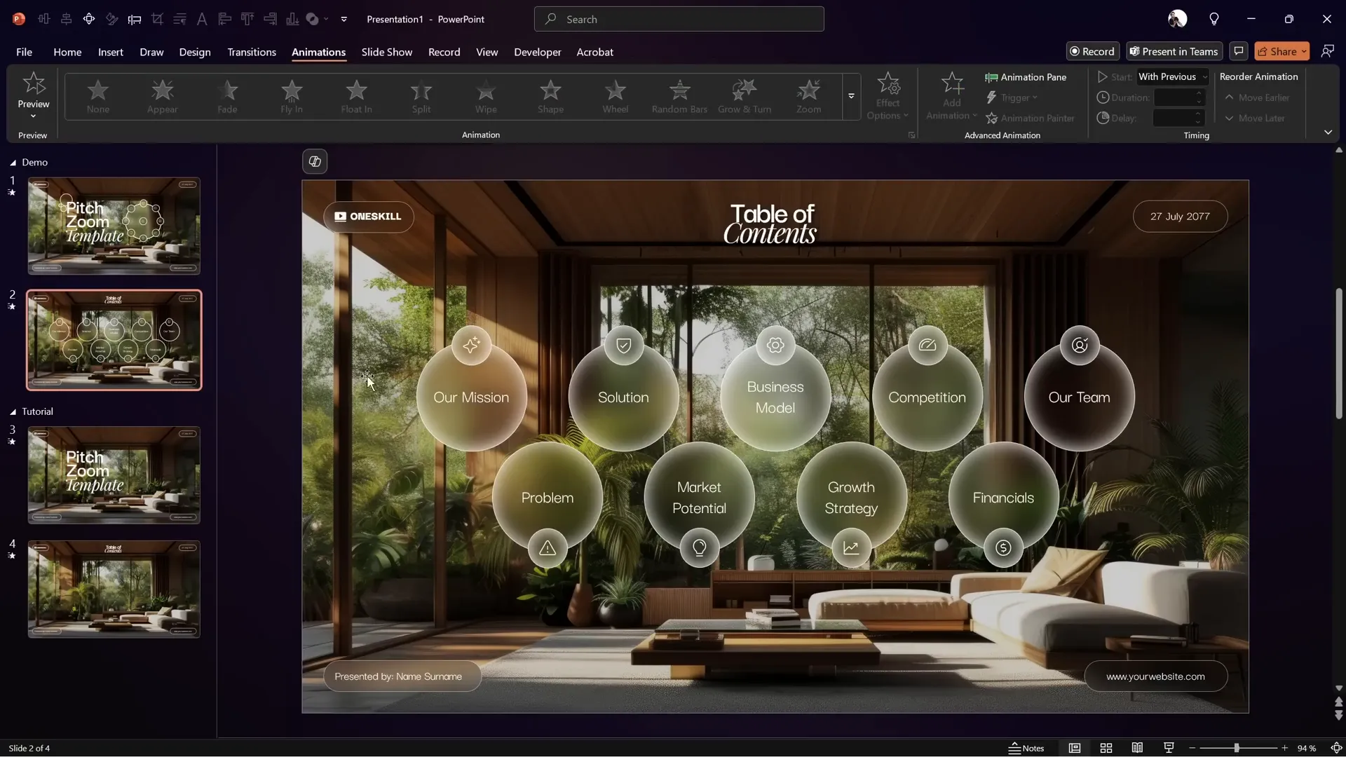 Glassmorphic circles and icons on second slide