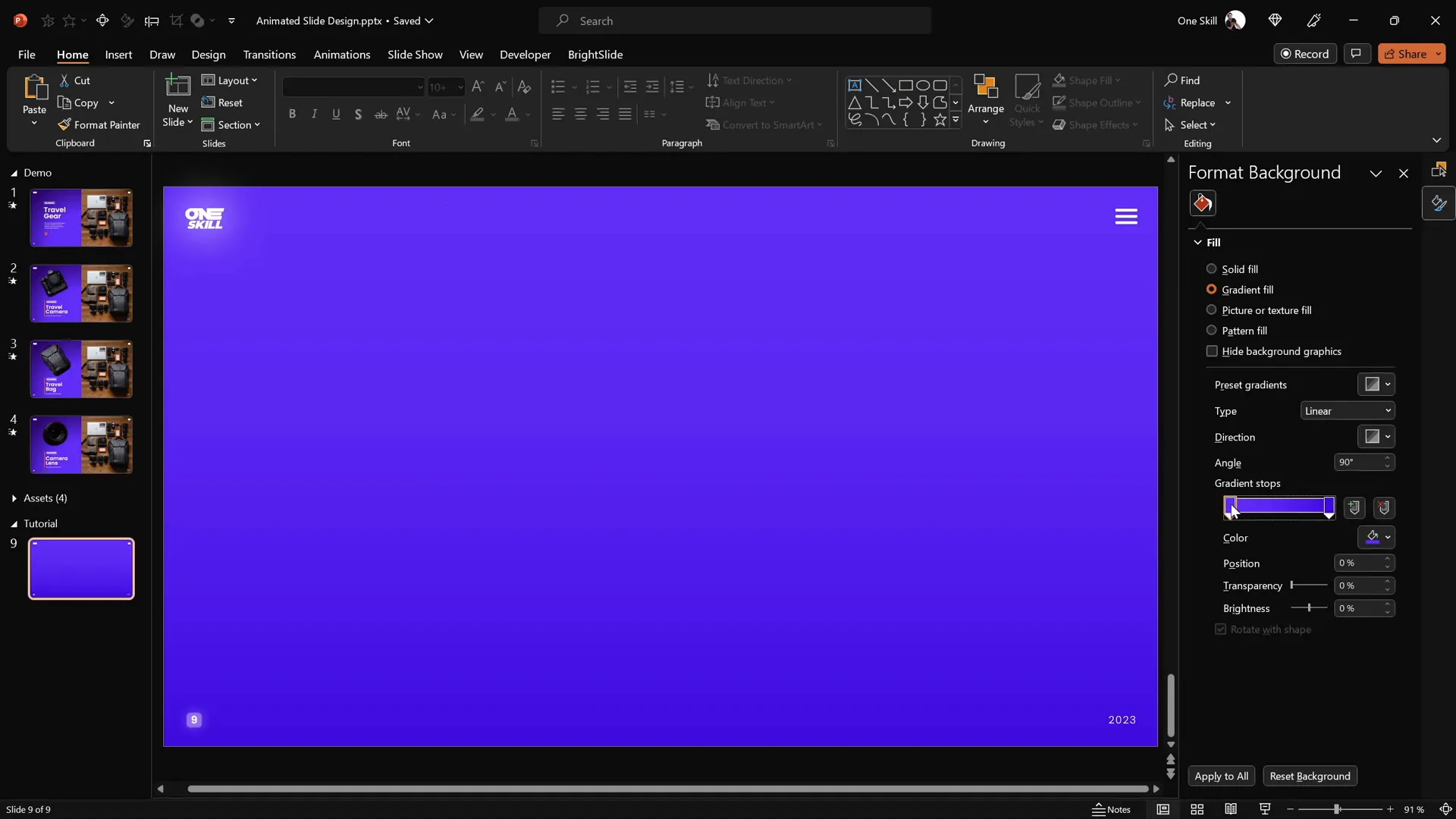 Applying gradient fill with two color stops in PowerPoint