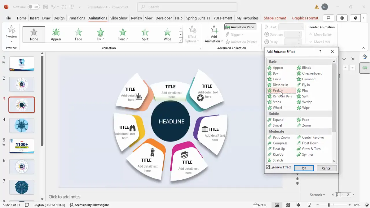 Animation pane with entrance effects applied to infographic options