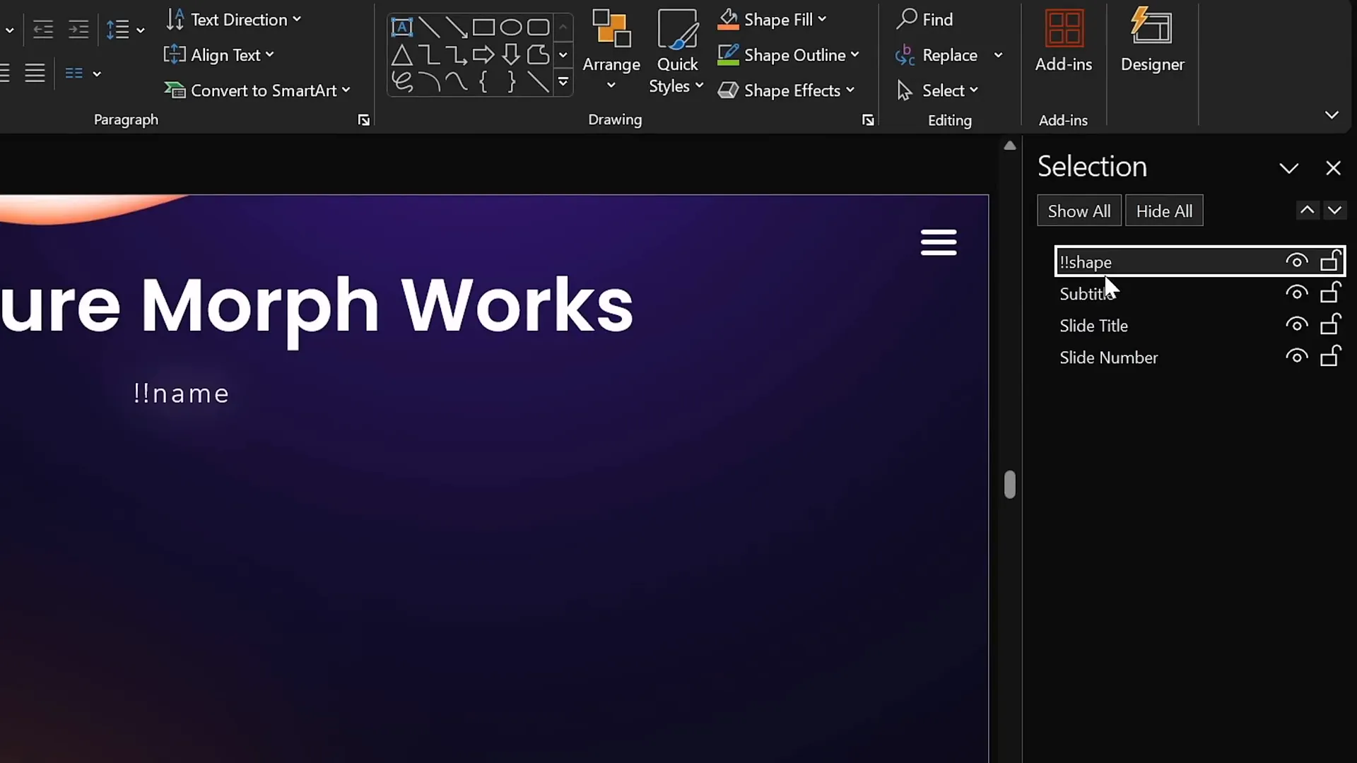 Using Selection Pane to rename objects for Morph transition