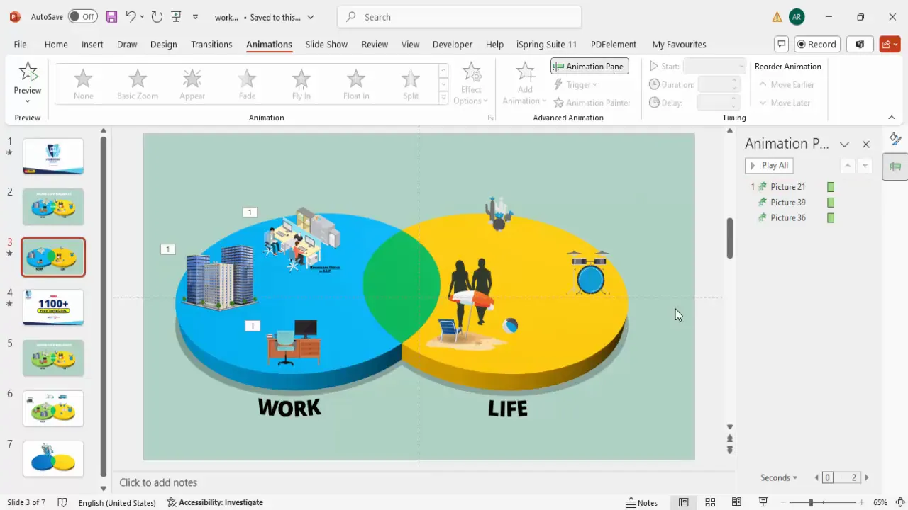 Animation pane with basic zoom effect applied to work and life texts