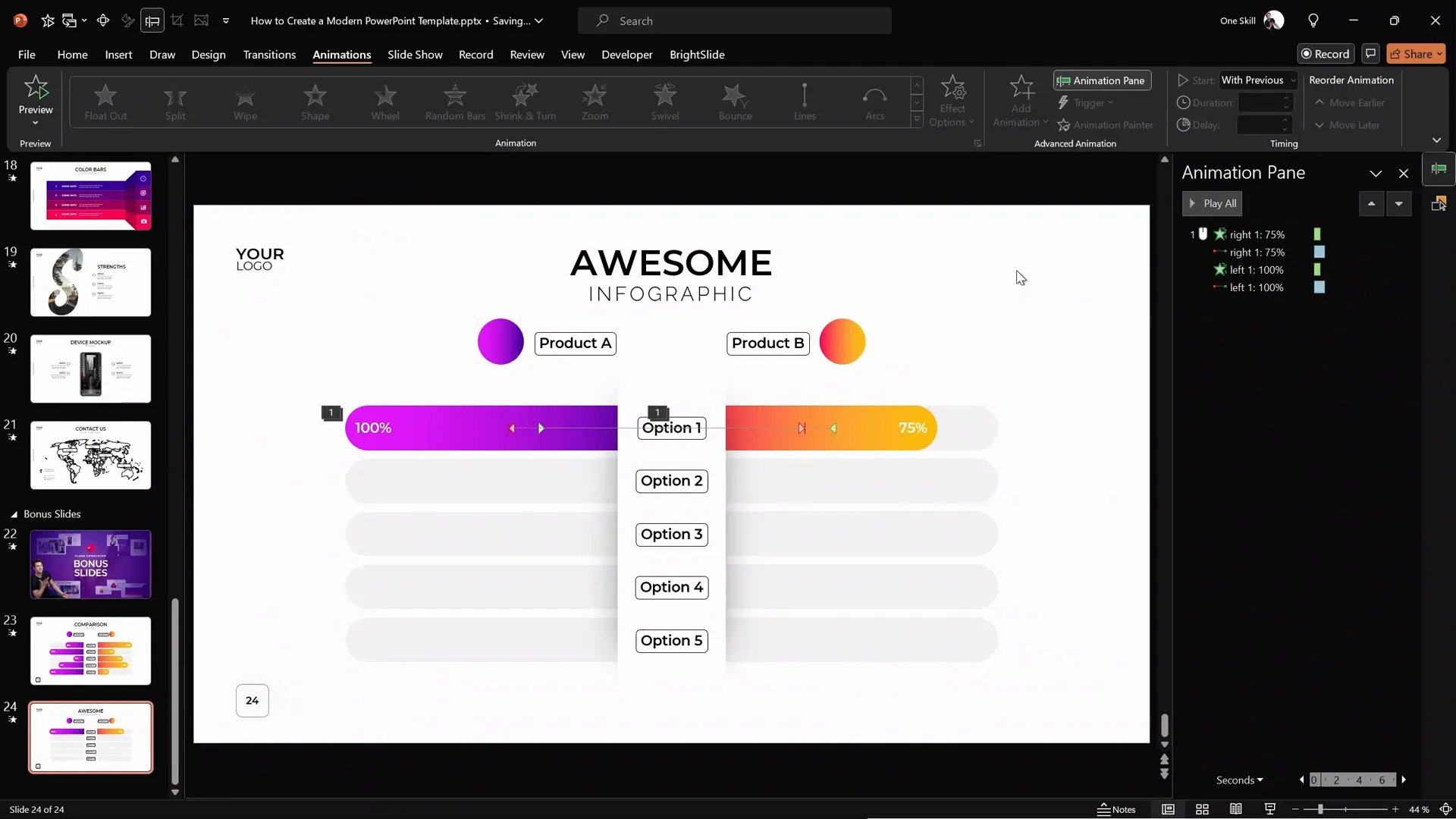 Animation pane showing synchronized animations for sliding bars