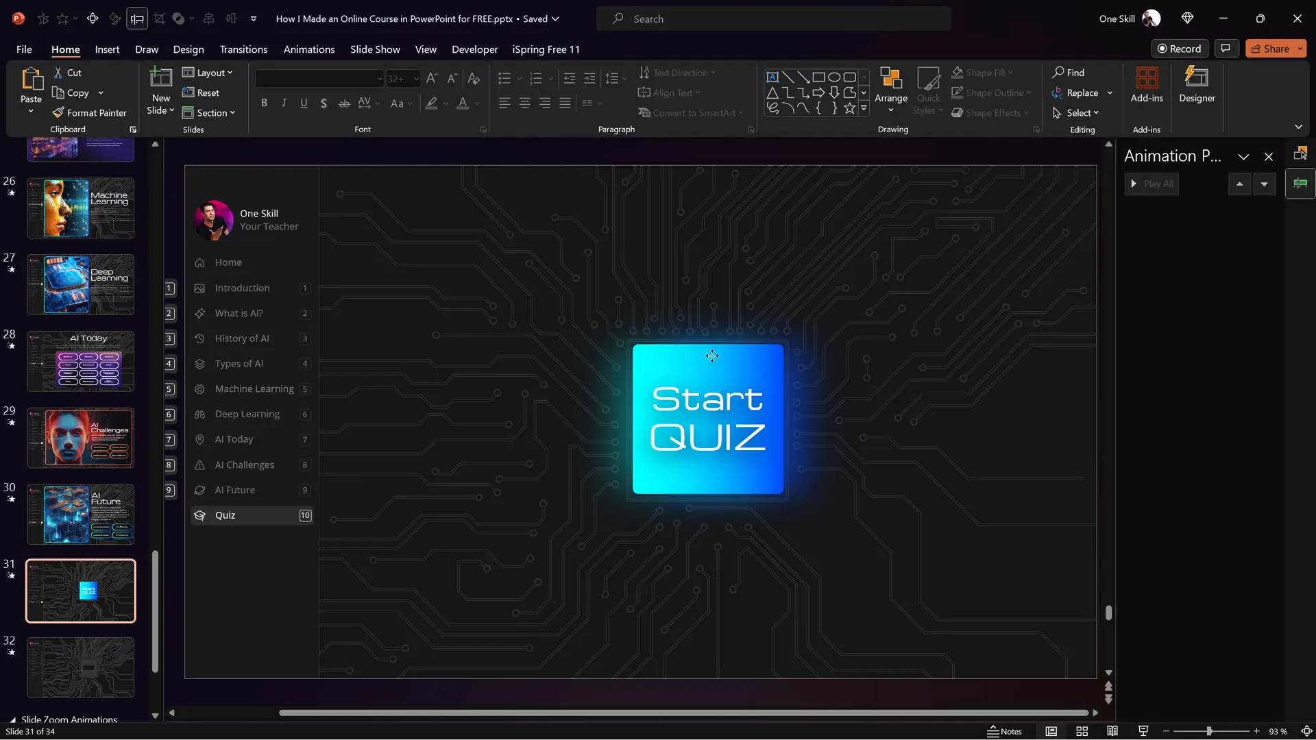 Glowing start quiz button with hyperlink