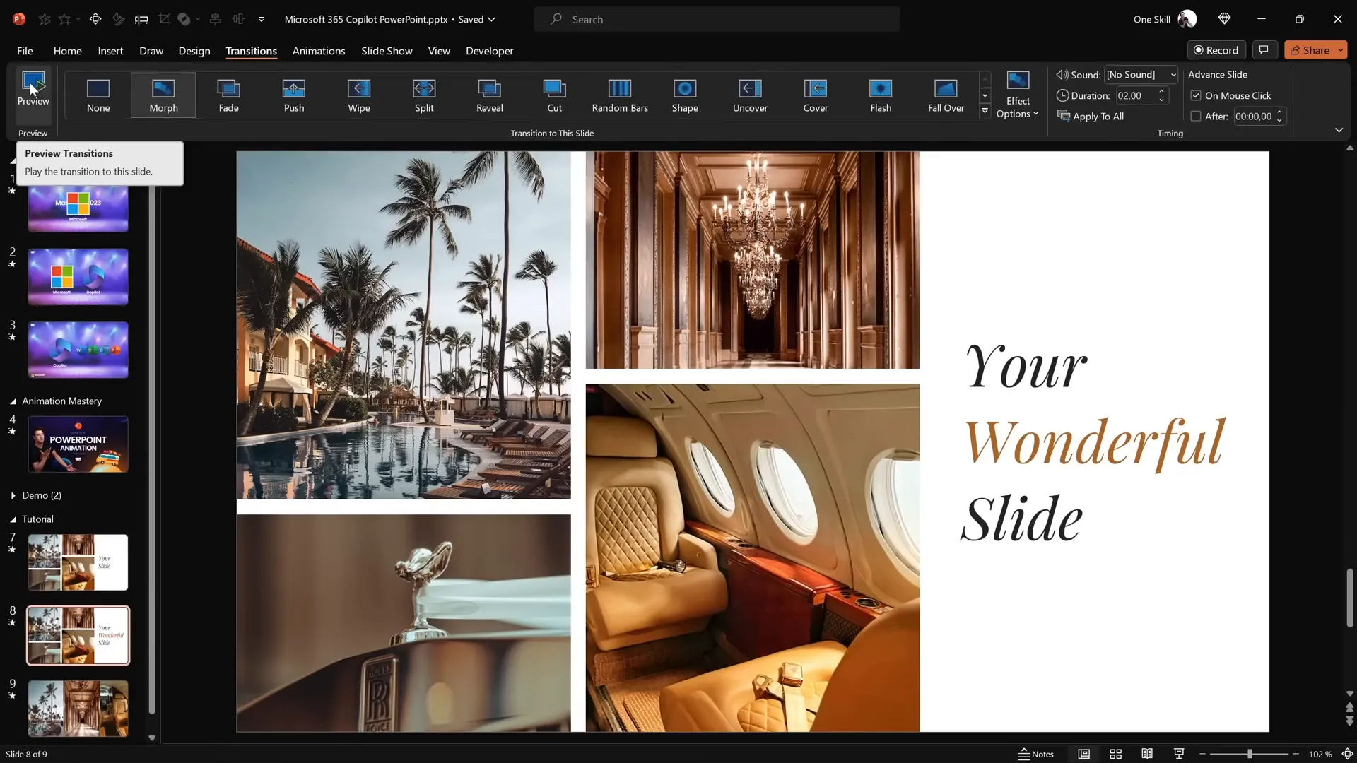 Morph transition preview showing text reveal animation in PowerPoint
