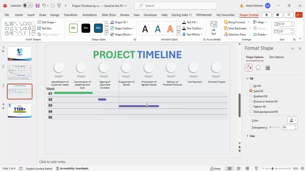 Progress bars depicted with colored rounded rectangles spanning weeks