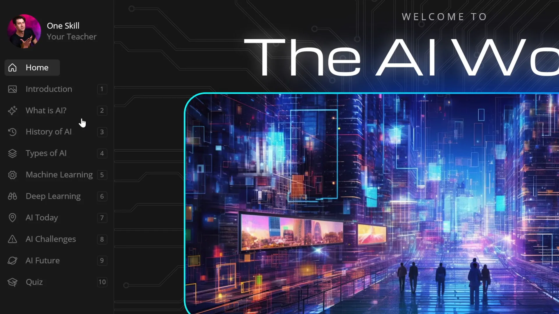 PowerPoint presentation with sidebar navigation and AI course content overview