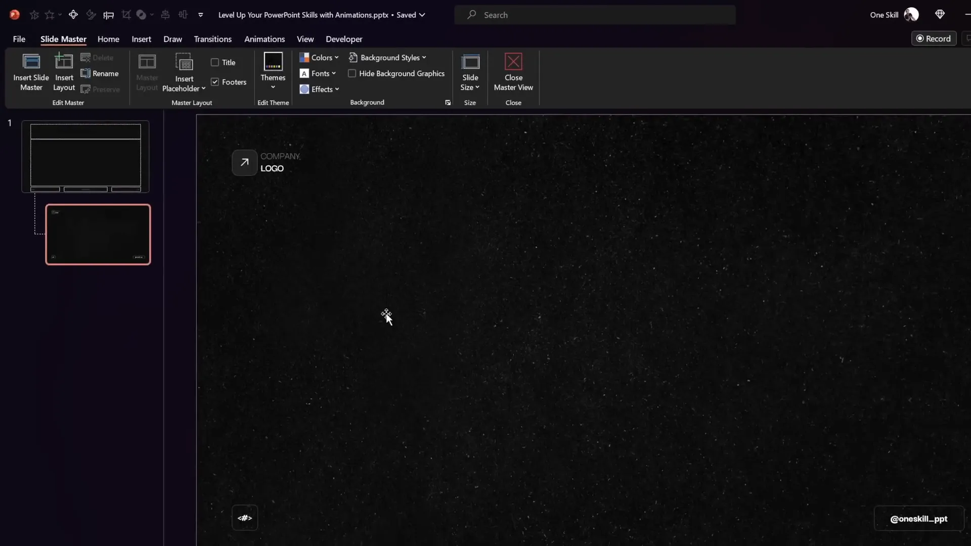 Slide Master view with dark textured background and footer