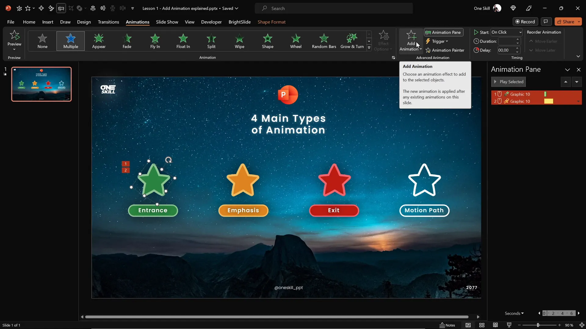Add Animation button used to add multiple animations to an object