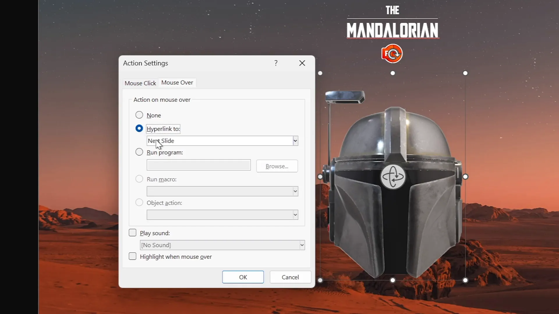 Adding mouse-over hyperlink action to 3D helmet