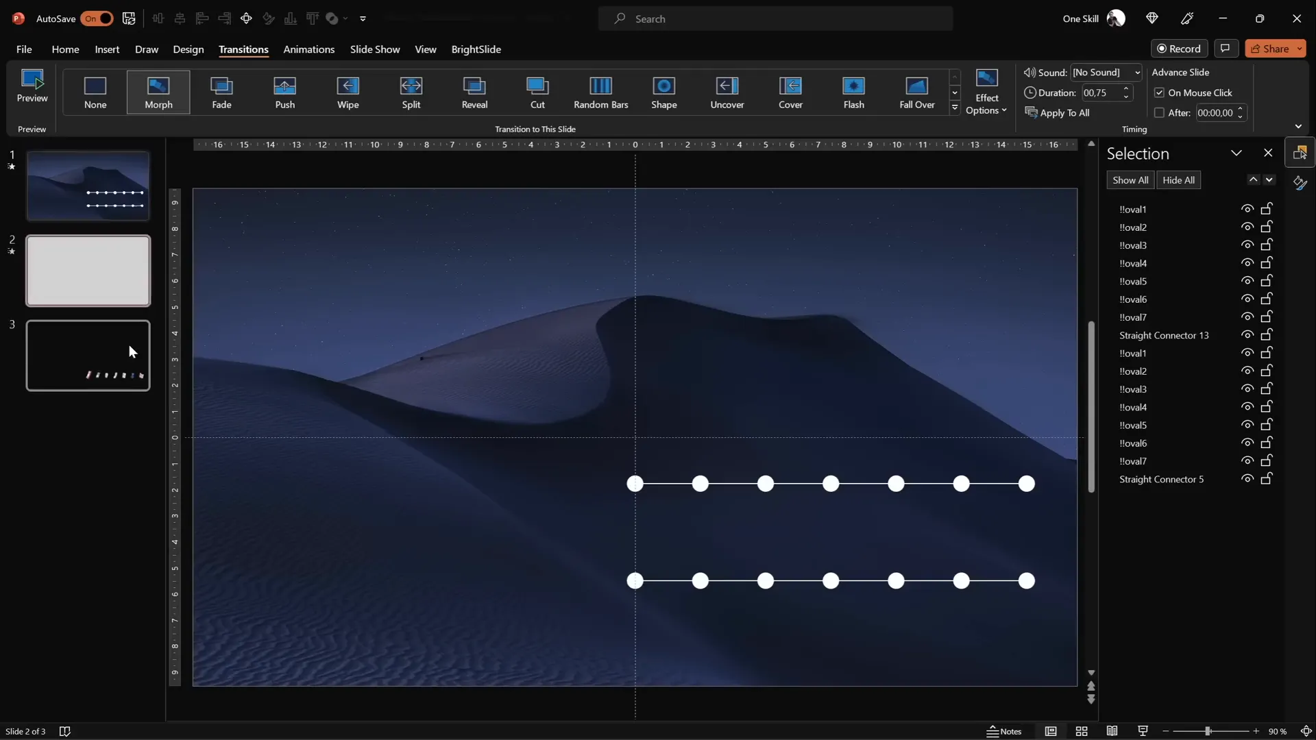 Timeline circles and line shifted left on duplicated slides for morph animation