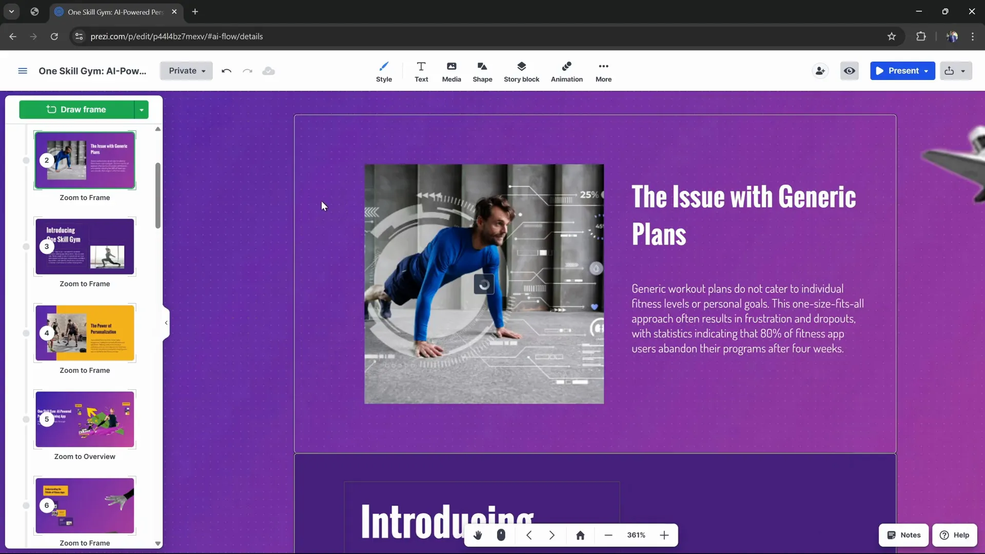 Editing text and images within a Prezi AI frame