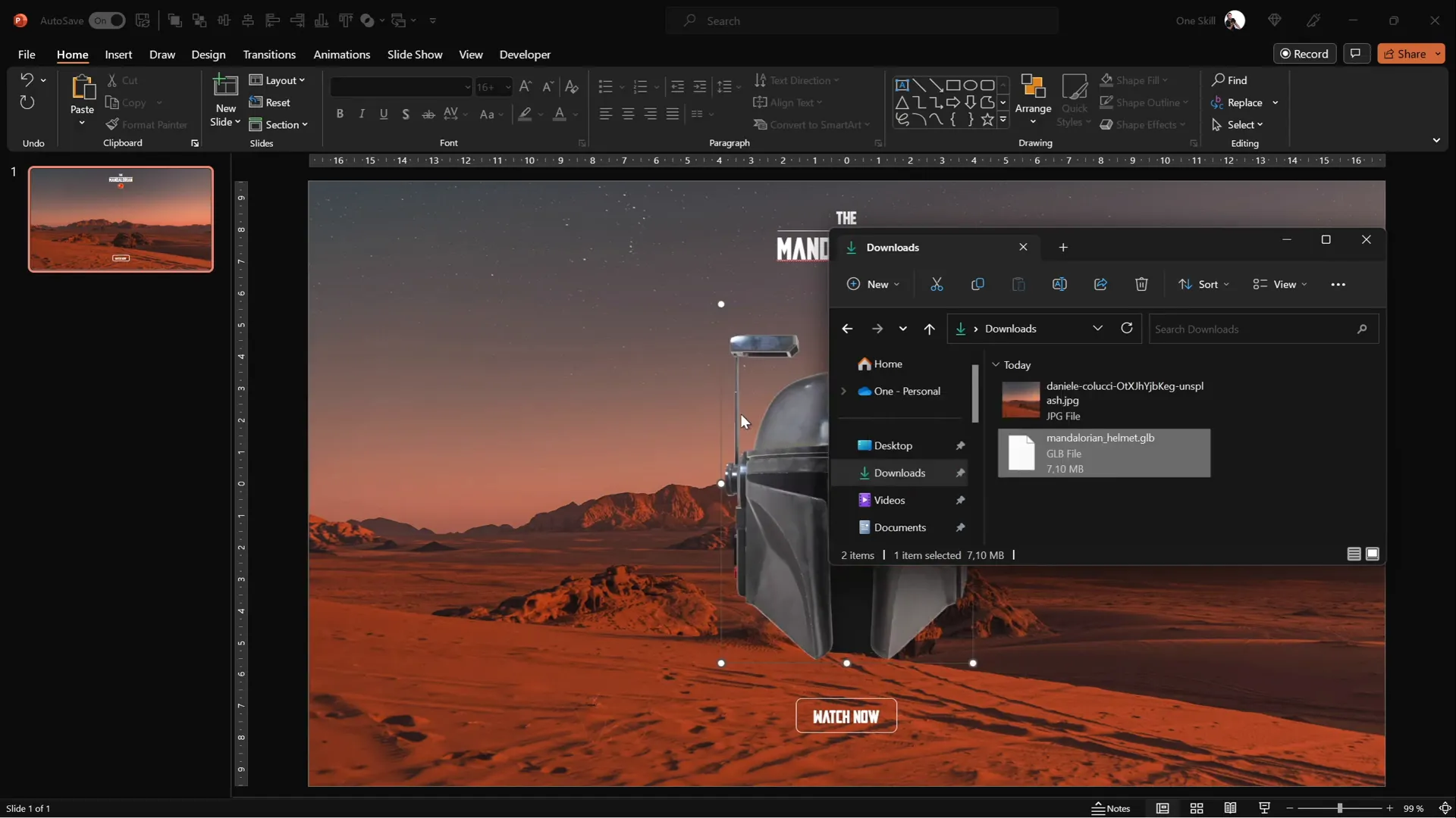 Inserting 3D Mandalorian helmet into slide