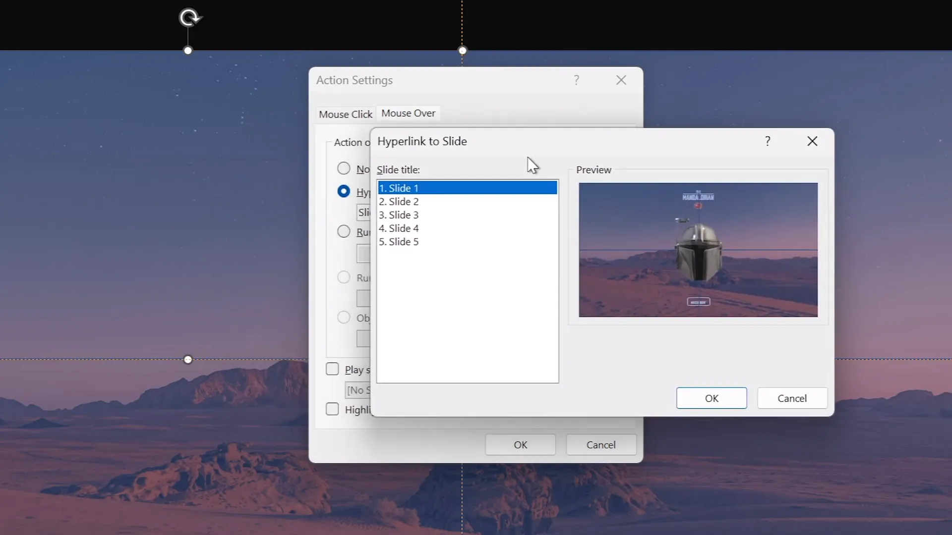 Setting mouse over actions linking rectangles to slides