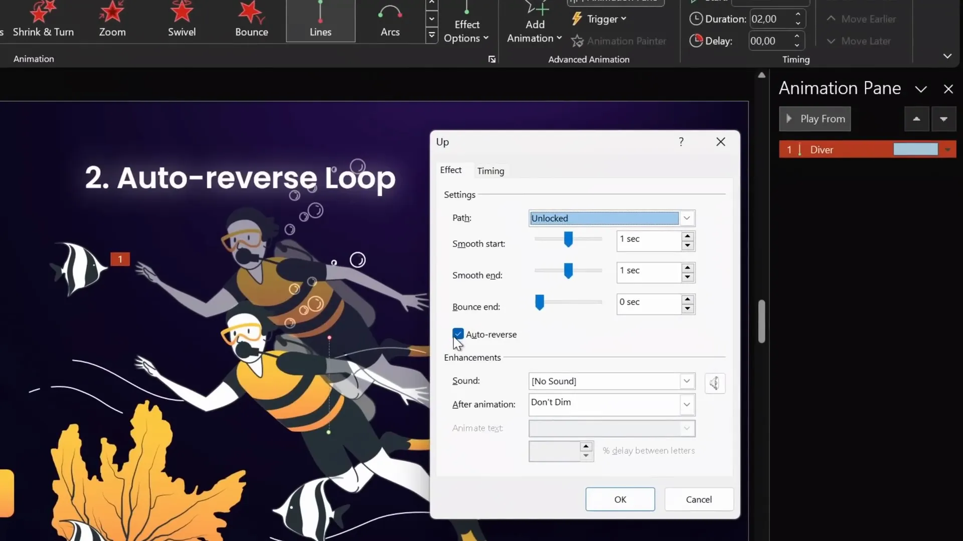 Auto reverse animation checkbox in PowerPoint