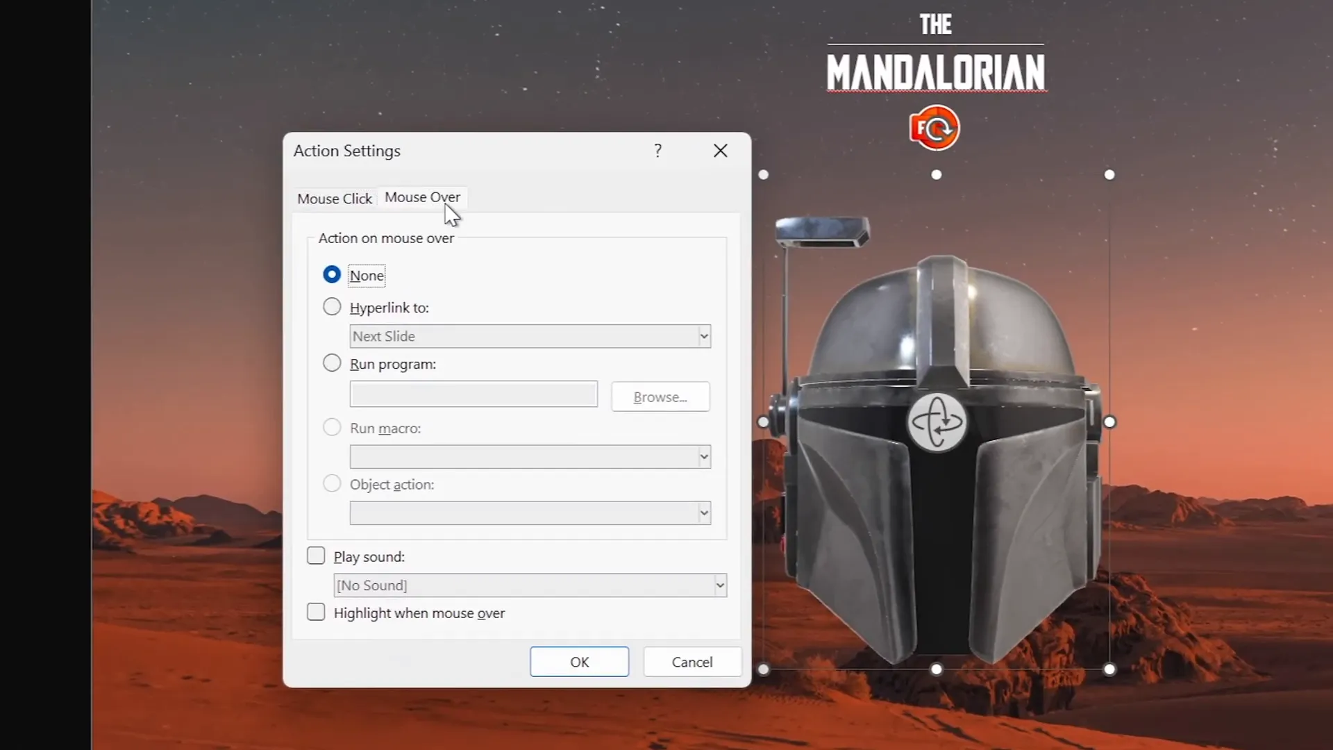 Inserting 3D Mandalorian helmet and setting mouse over action