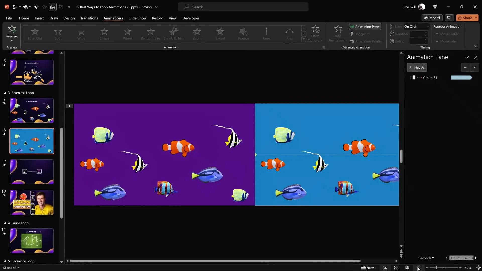 Grouped fish seamless looping animation setup