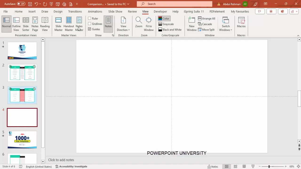 PowerPoint new slide setup with guides enabled