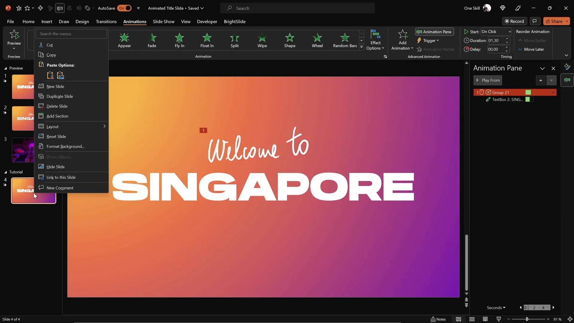 Preview of animated text with fly in and replay animations in PowerPoint
