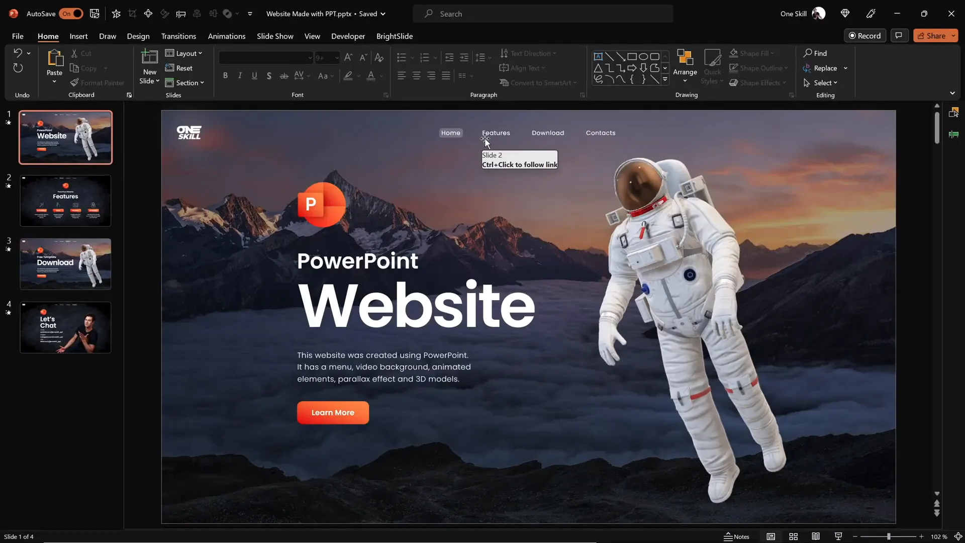 PowerPoint presentation designed like a website with clickable menu and animations