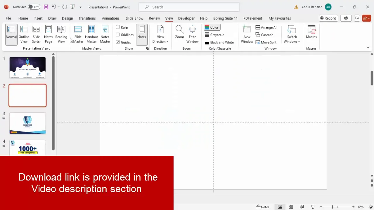 PowerPoint slide with guides enabled, ready for shape insertion