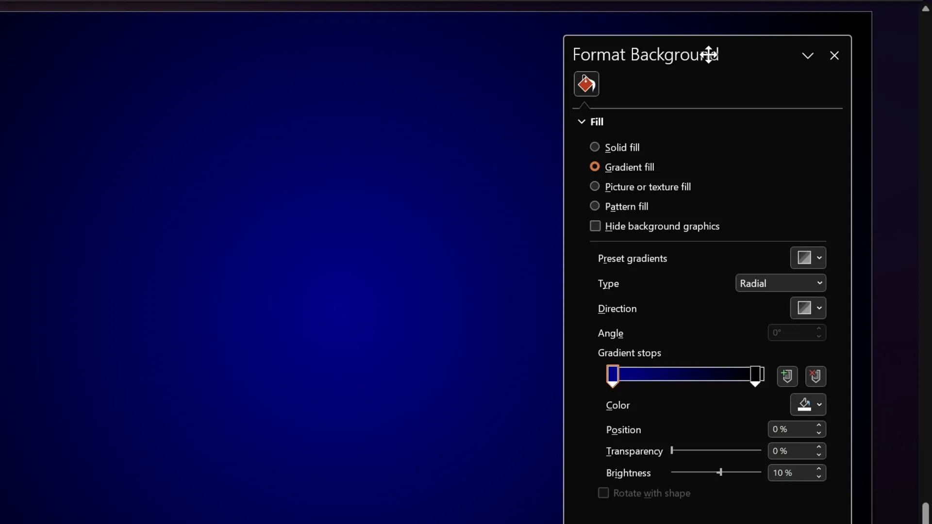 PowerPoint gradient background setup with dark blue and black