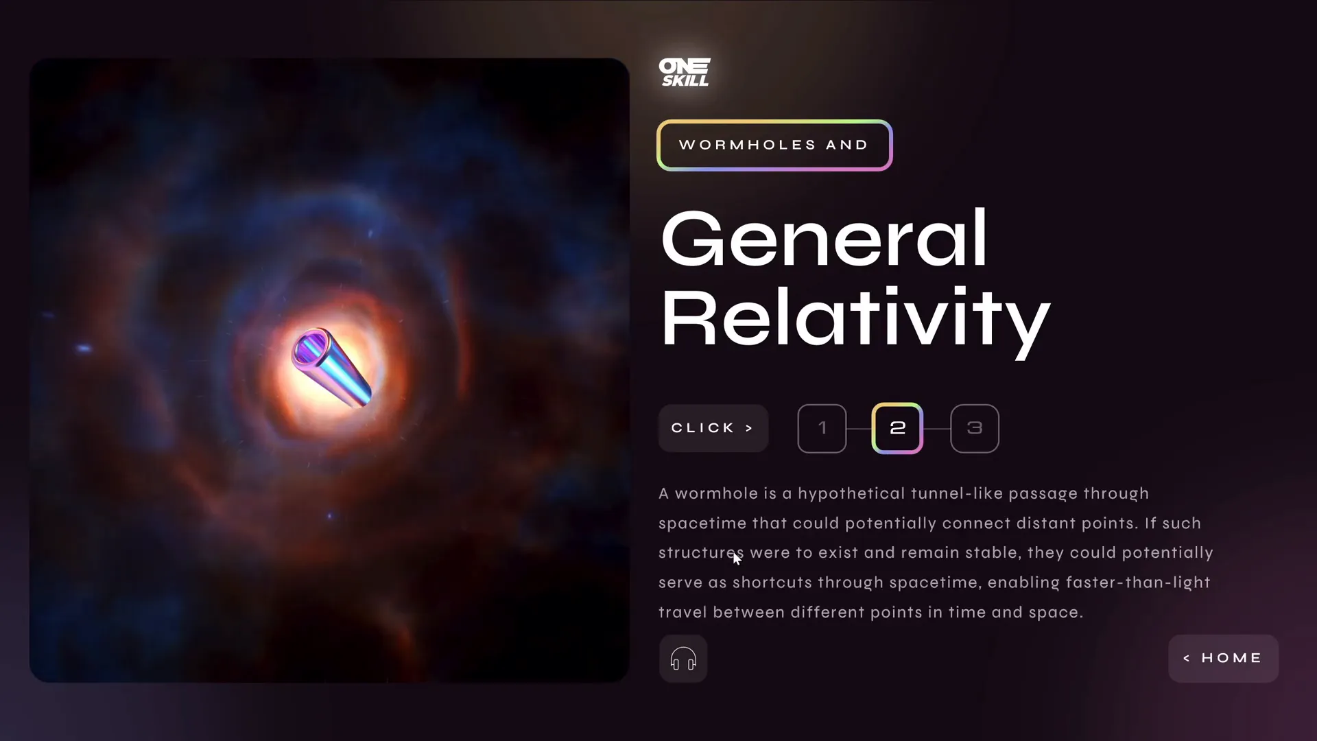 Wormholes and general relativity slide with interactive text and video
