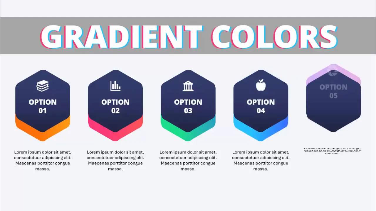 Example of five hexagon shapes with gradient colors and icons