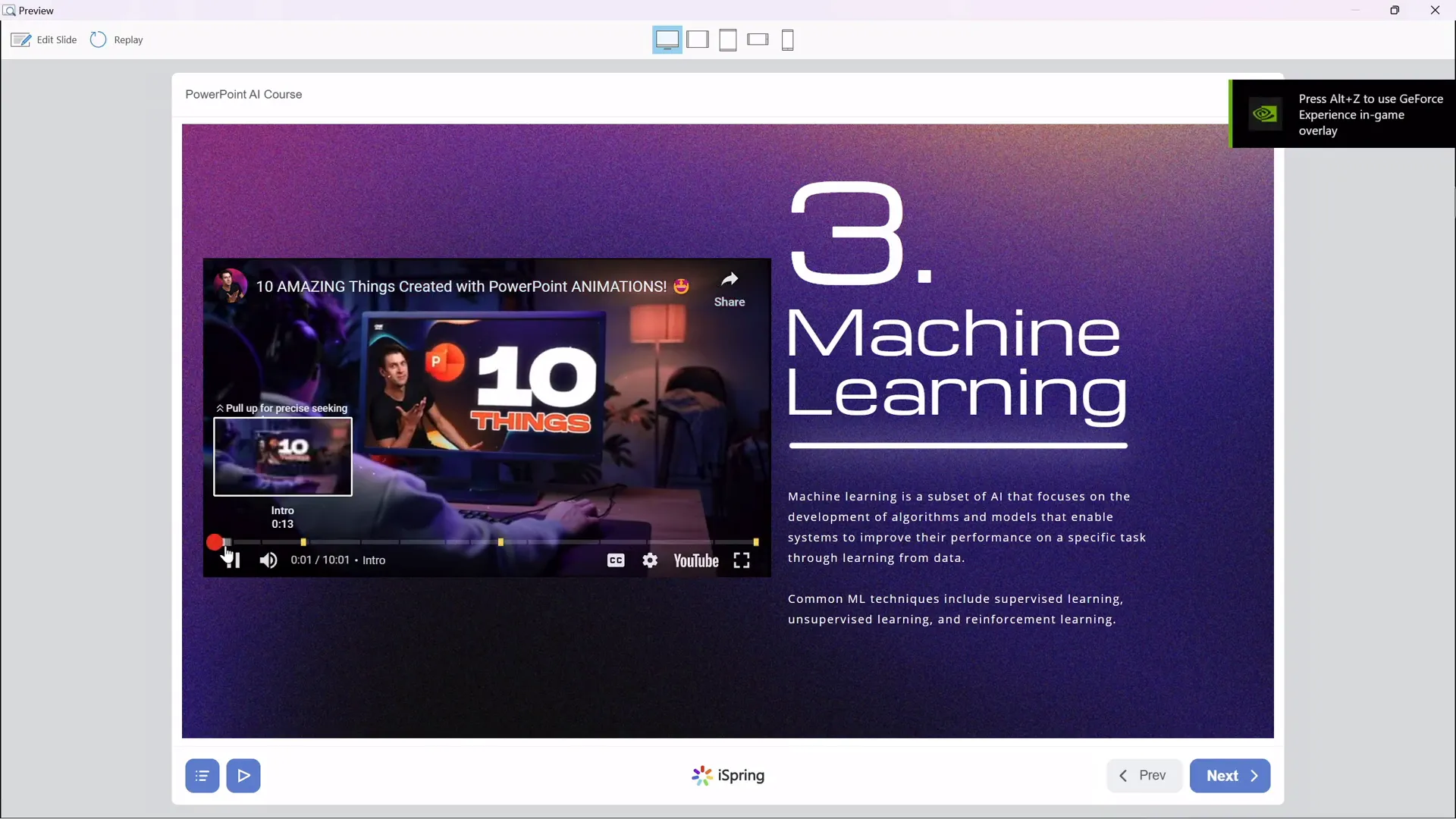 Previewing YouTube video in iSpring Course Player