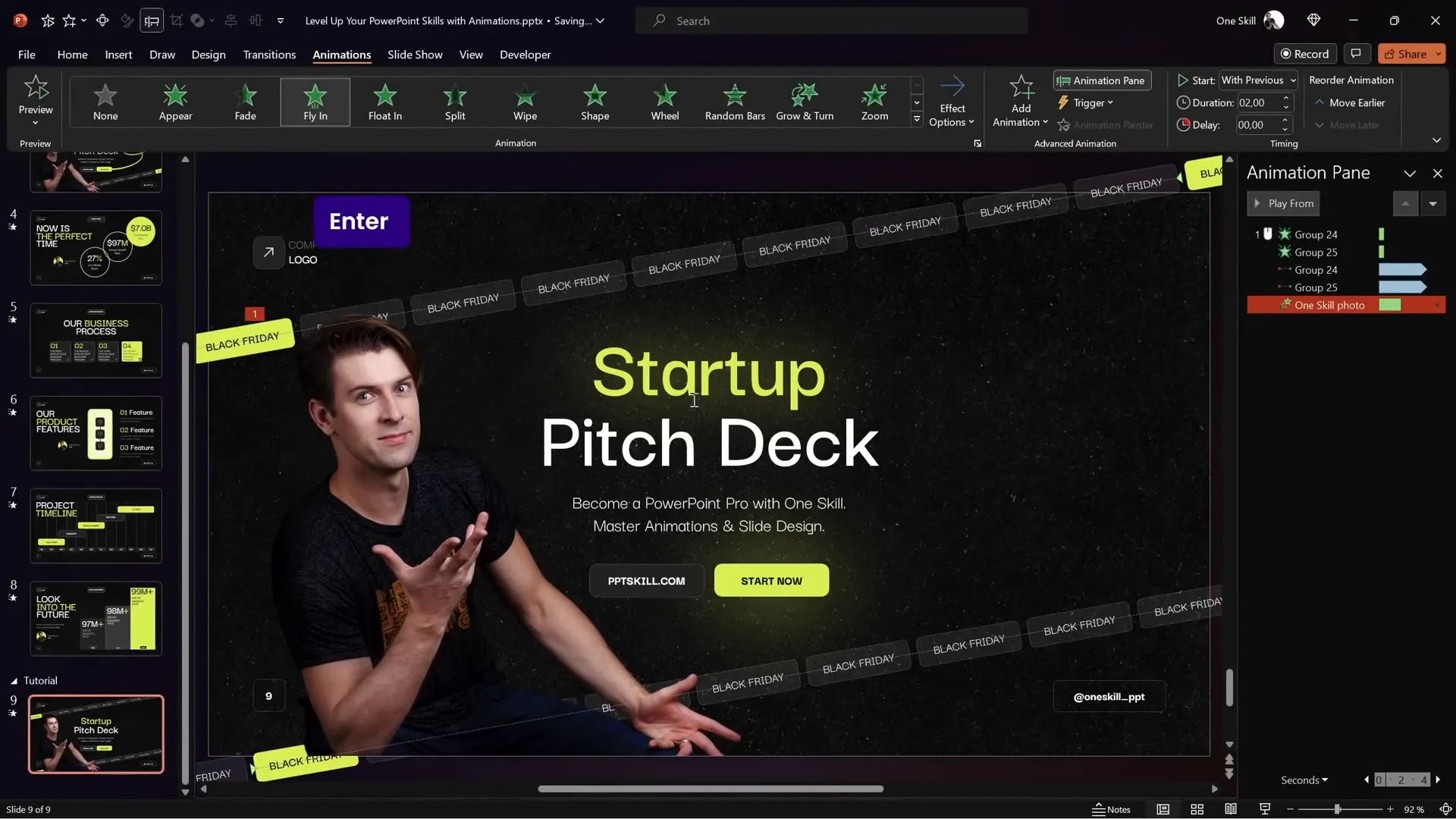 Flying animation applied to photo and pulsing animation on button