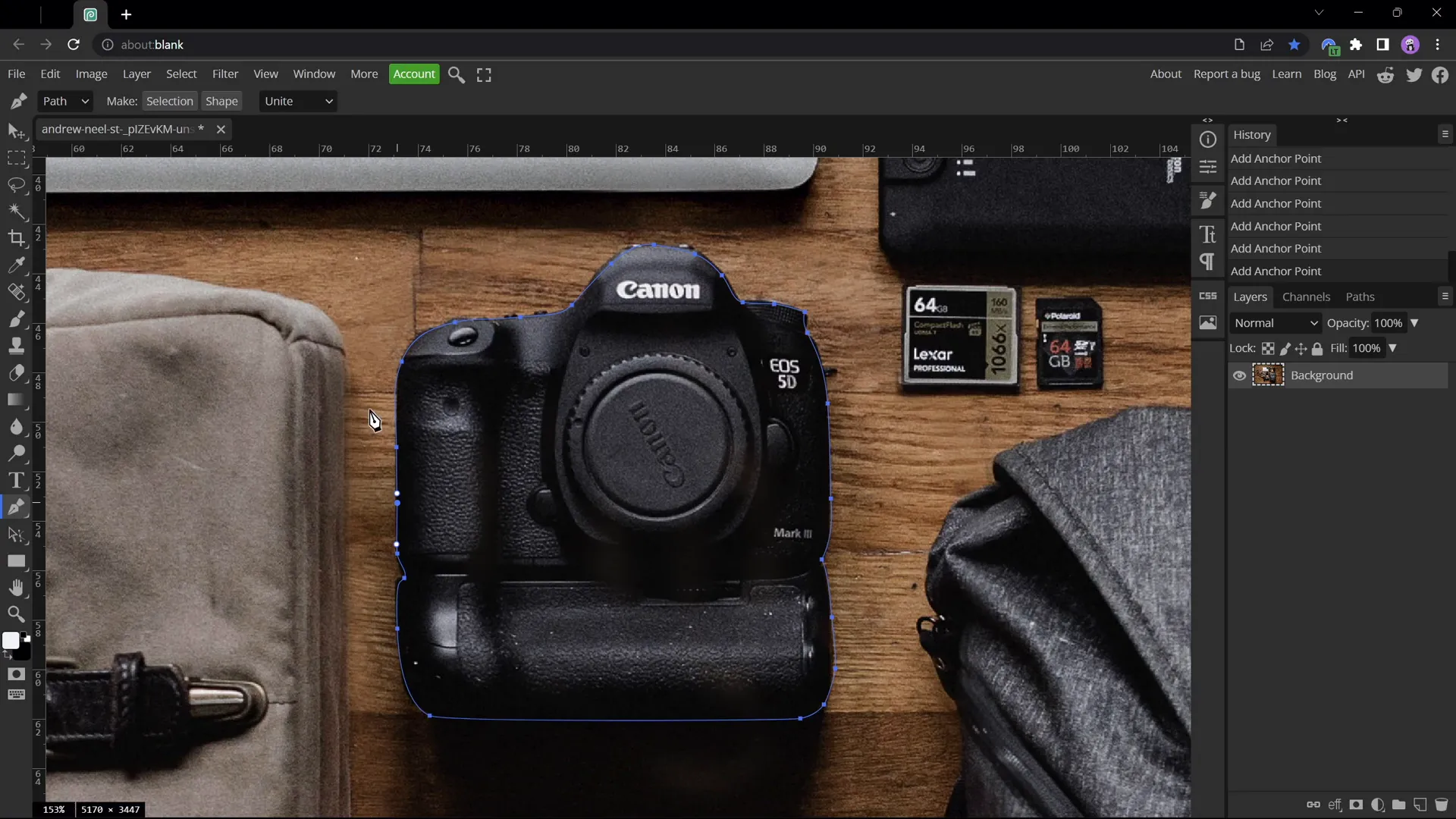 Cutting out camera object using Photopea pen tool
